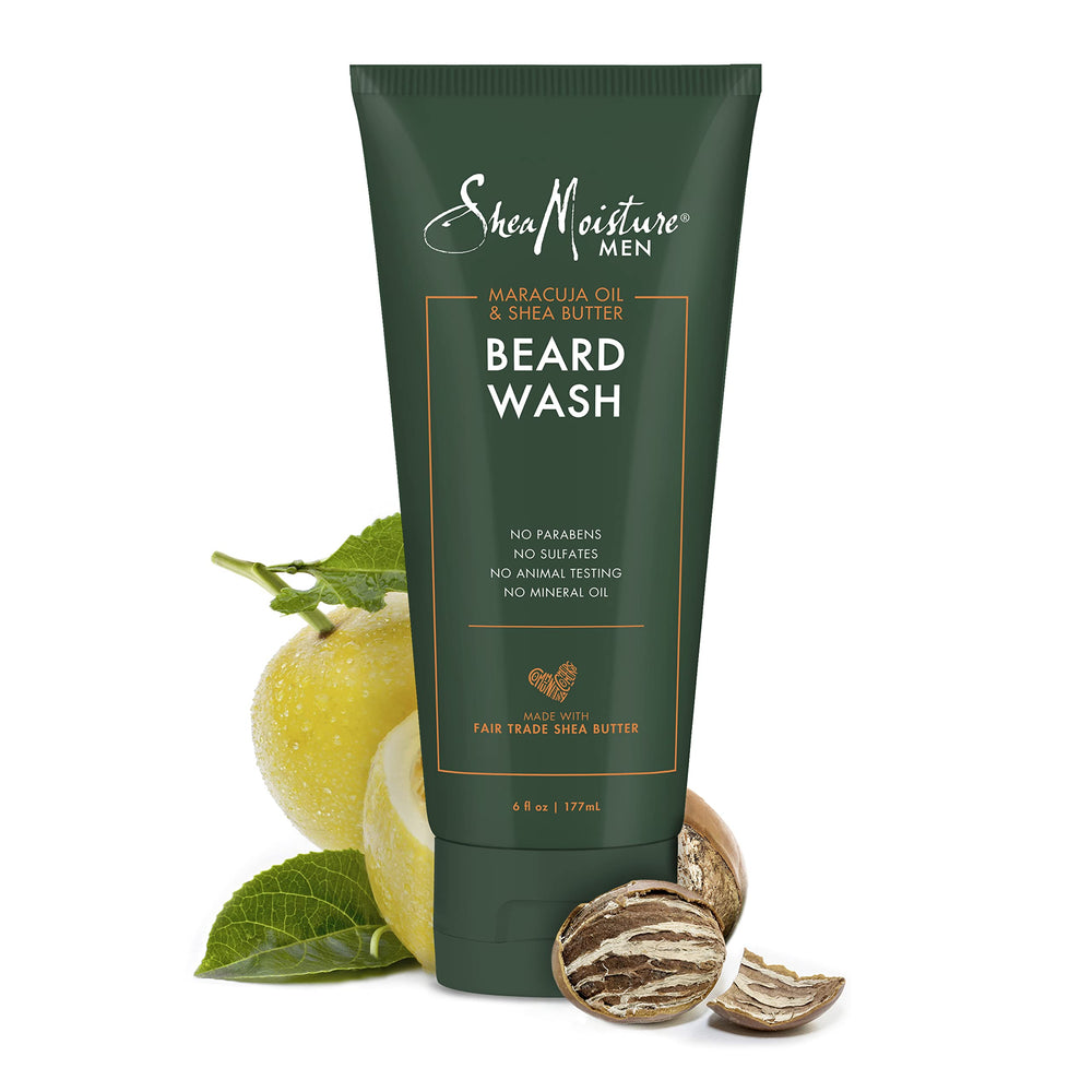 Sheamoisture beard wash label close-up noting sulfate- and paraben-free formula.