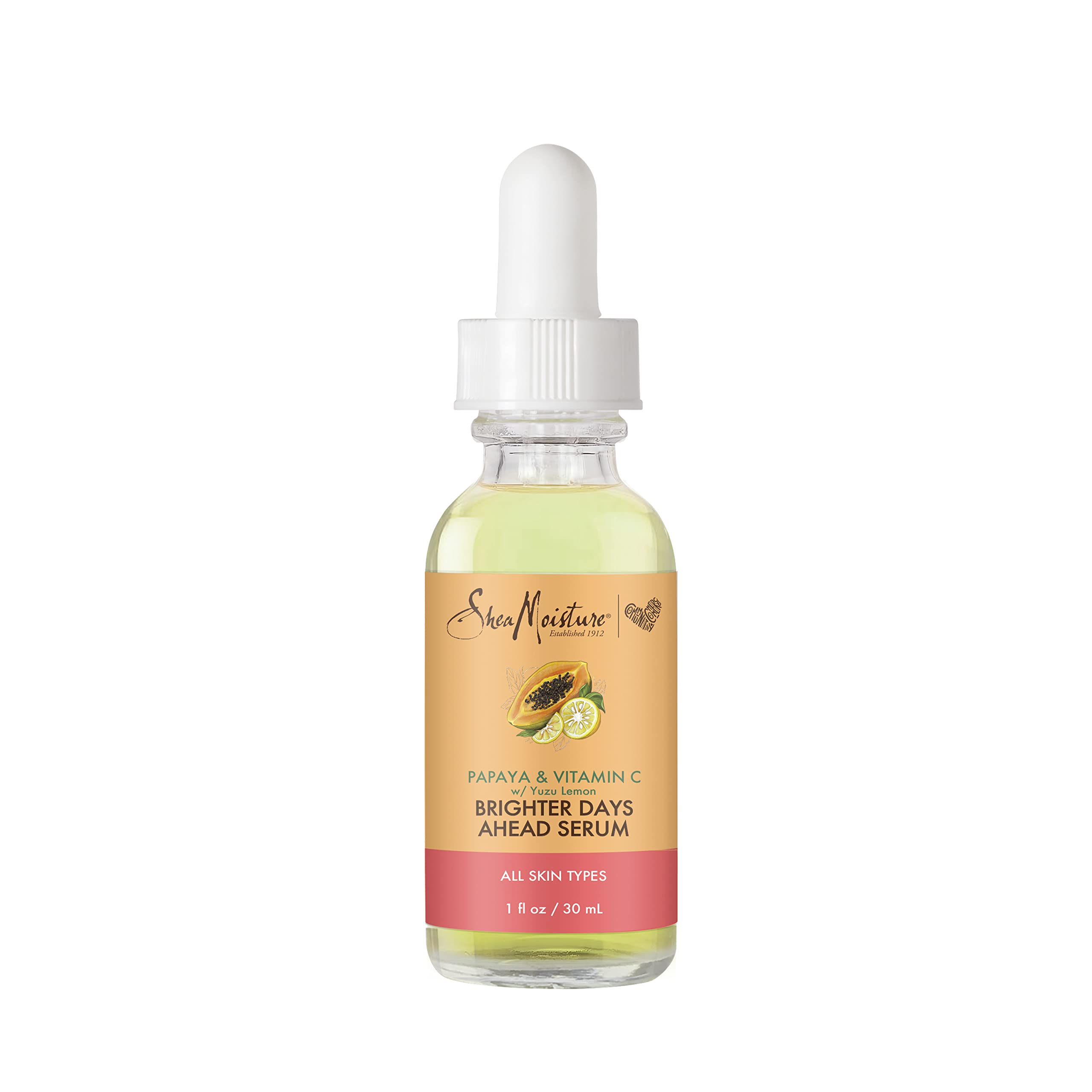 SheaMoisture Papaya Vitamin C Serum bottle highlights brightening and hydration.