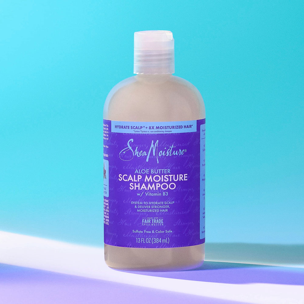 Fair Trade Shea Butter imagery on SheaMoisture Scalp Moisture Shampoo