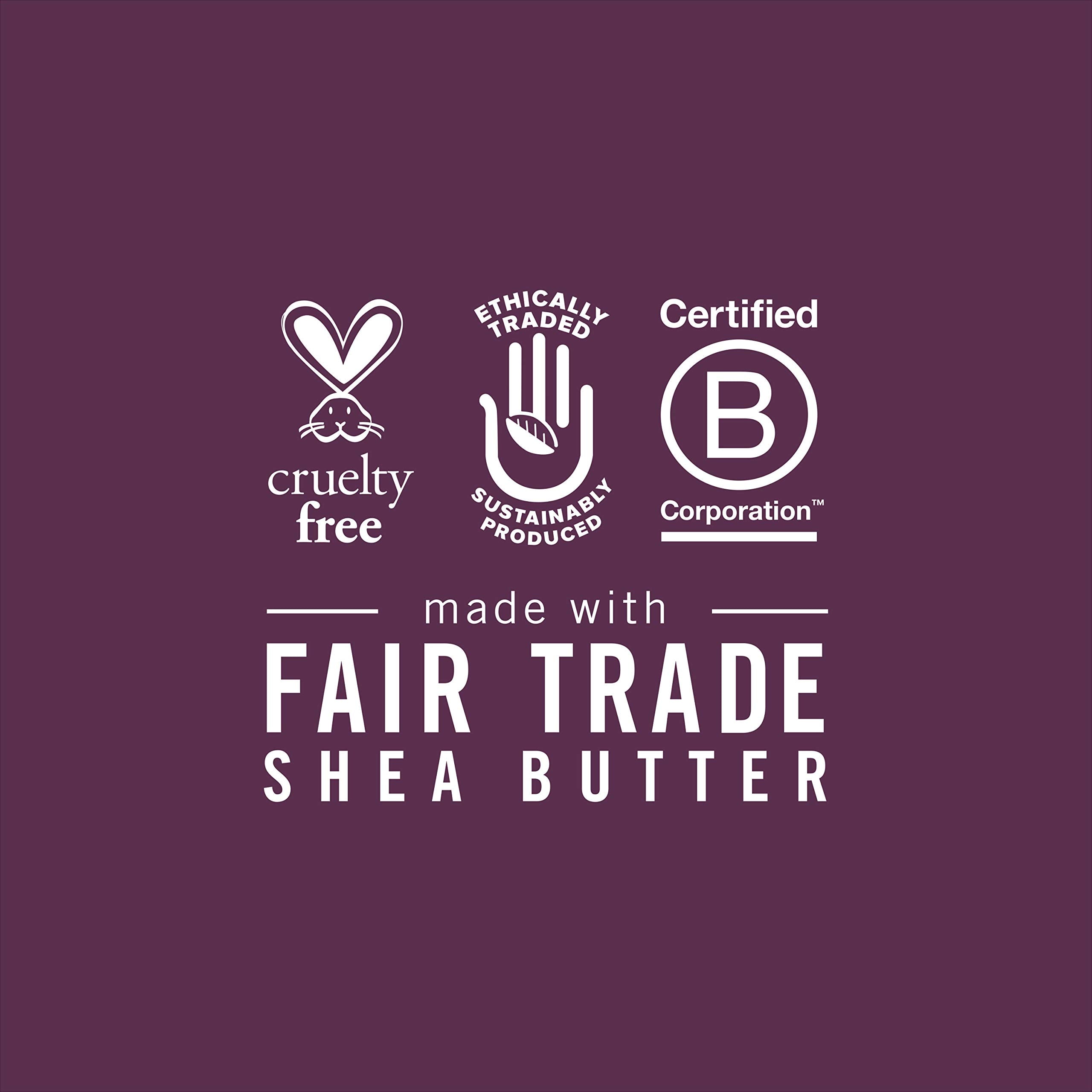 Ingredients label highlights 100% organic shea butter and fair trade sourcing