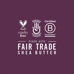 Ingredients label highlights 100% organic shea butter and fair trade sourcing