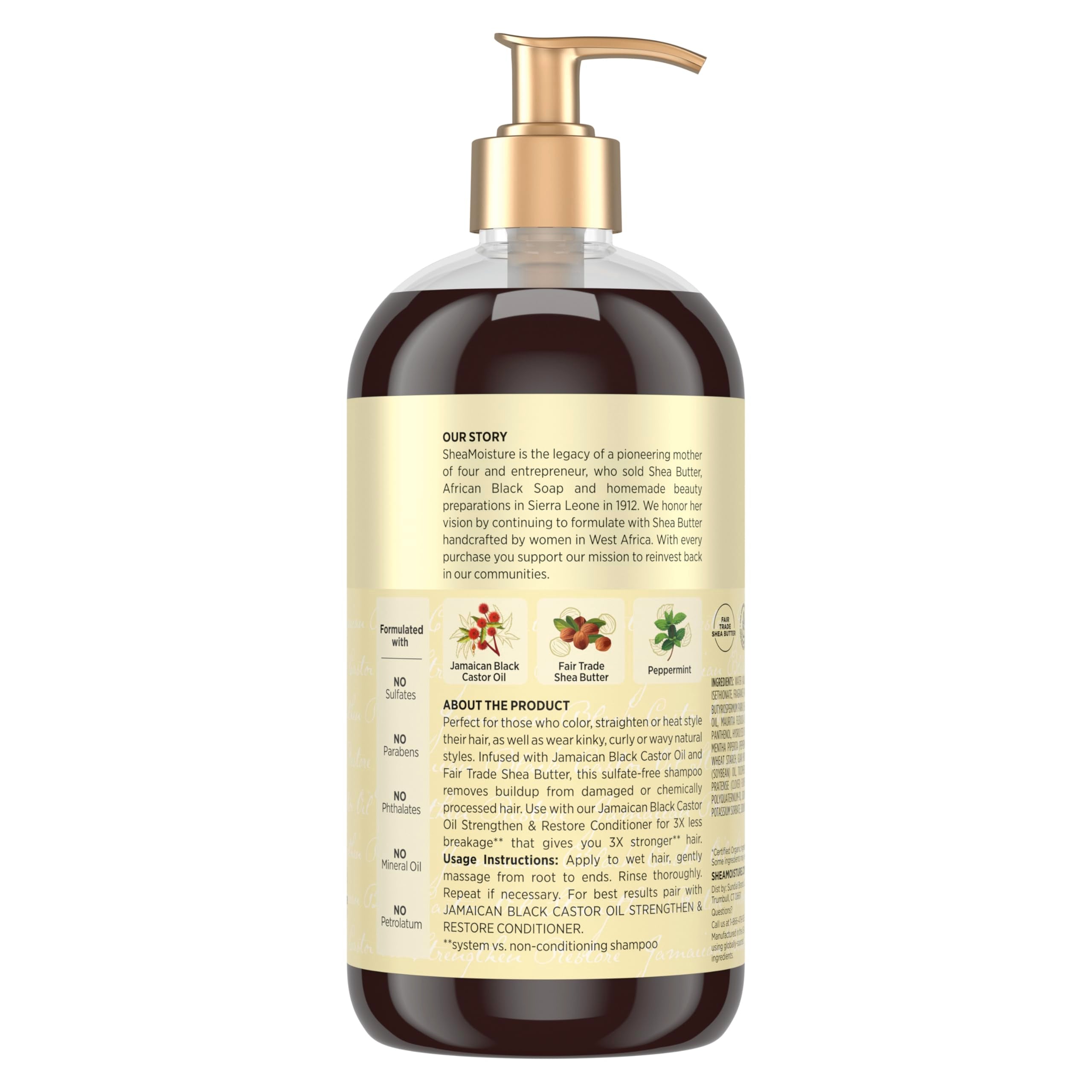 SheaMoisture Strengthen and Restore Shampoo back label shows ingredients and cruelty-free claim