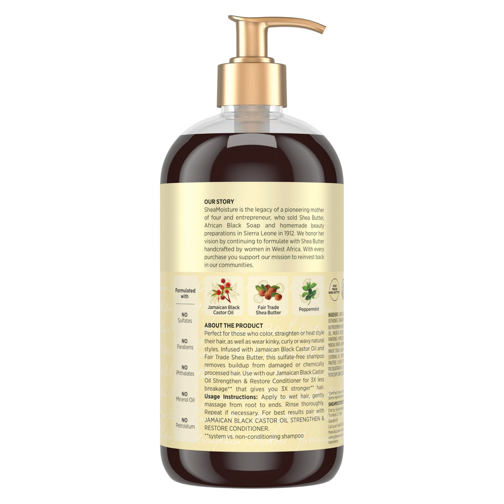 SheaMoisture Strengthen and Restore Shampoo back label shows ingredients and cruelty-free claim