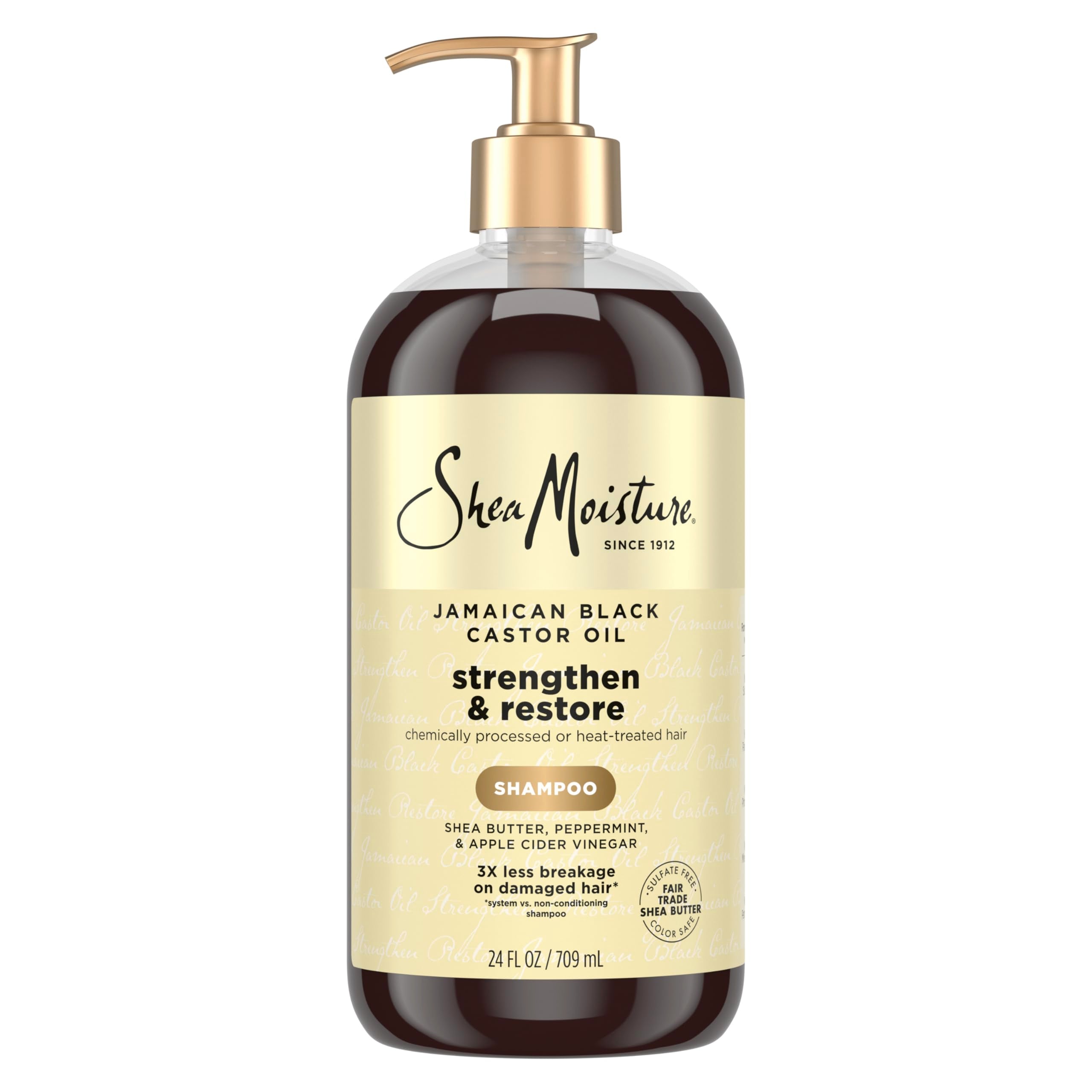 SheaMoisture Strengthen and Restore Shampoo bottle front highlights Jamaican Black Castor Oil for damaged hair