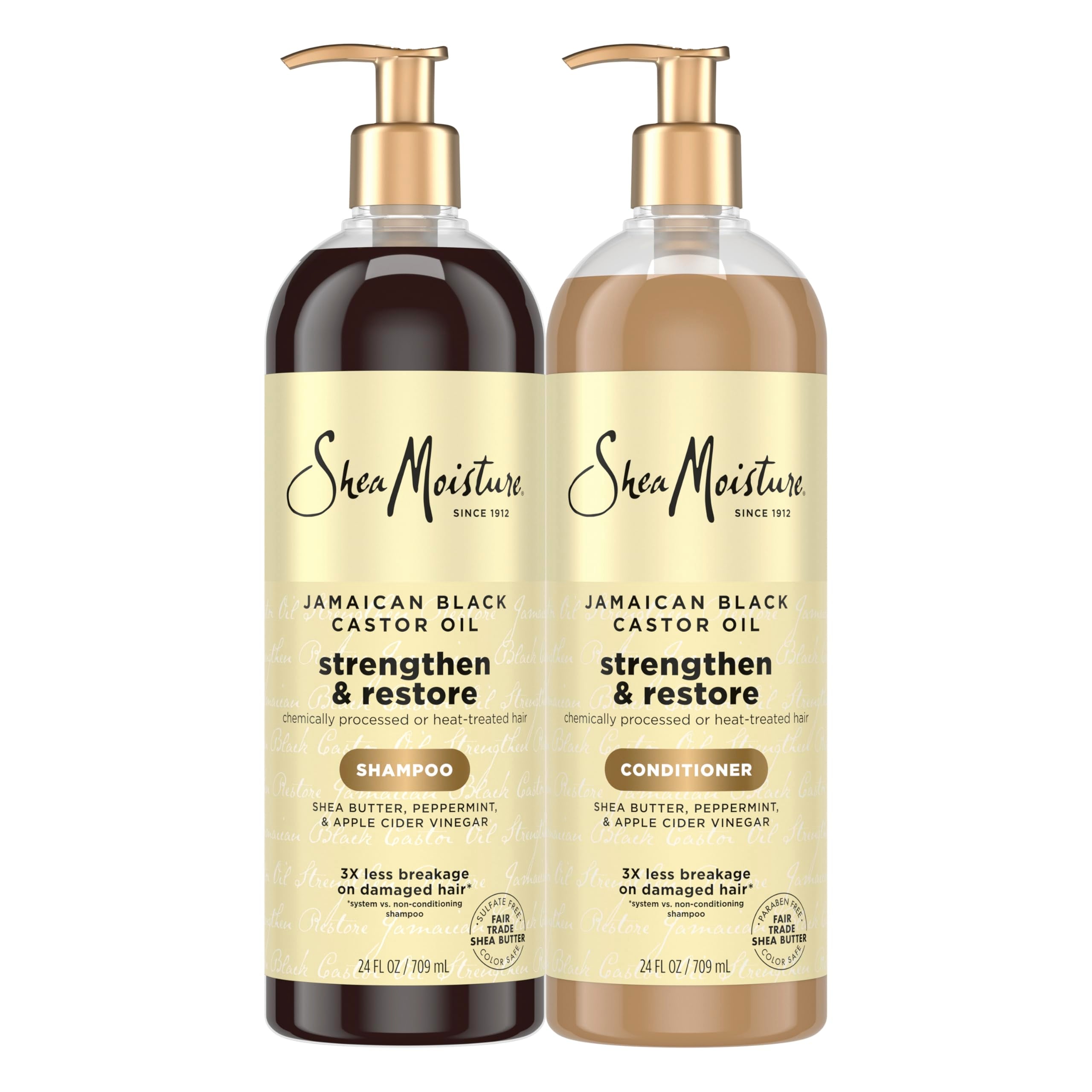 SheaMoisture Strengthen & Restore shampoo bottle pour showing hydration and cleansing