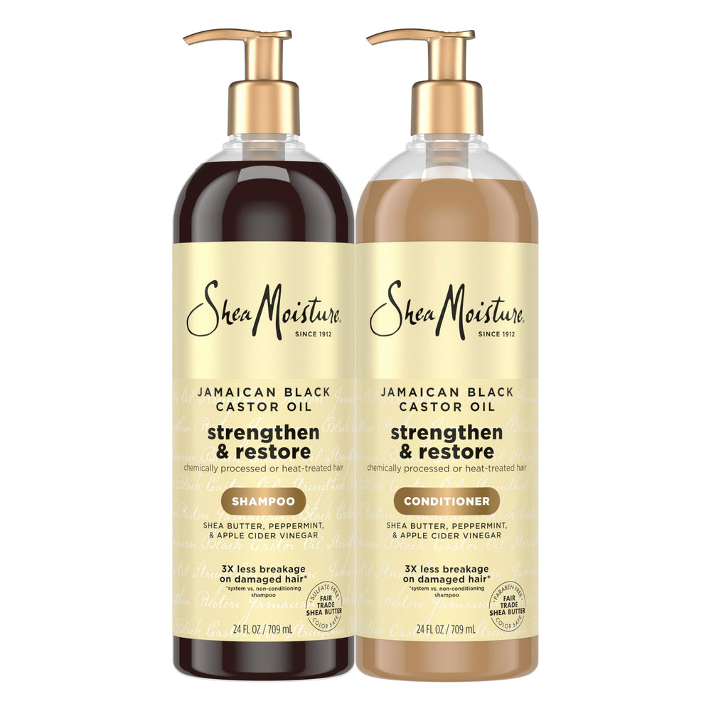 SheaMoisture Strengthen & Restore shampoo bottle pour showing hydration and cleansing