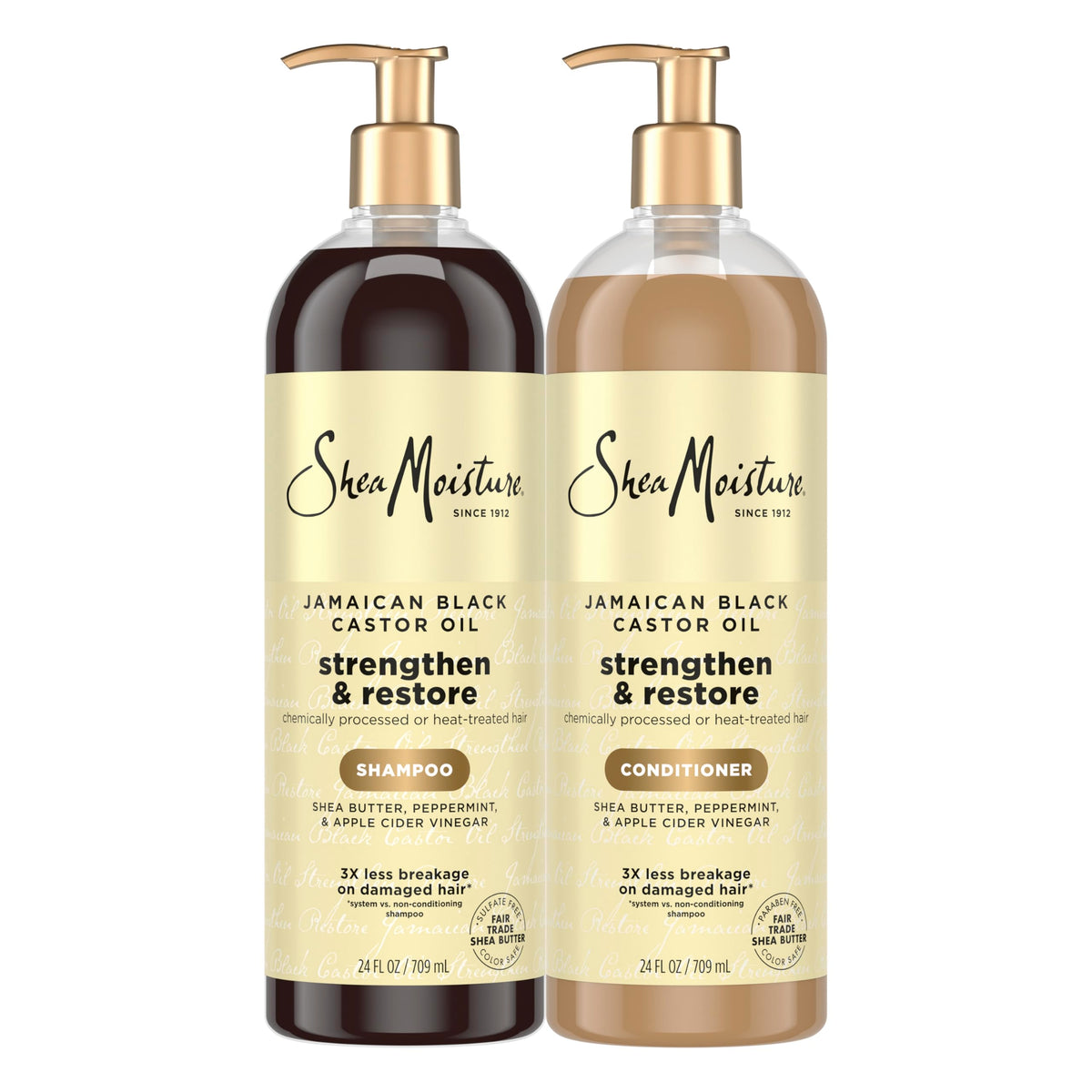 SheaMoisture Strengthen & Restore shampoo bottle pour showing hydration and cleansing