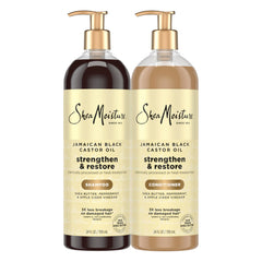 SheaMoisture Strengthen & Restore shampoo bottle pour showing hydration and cleansing