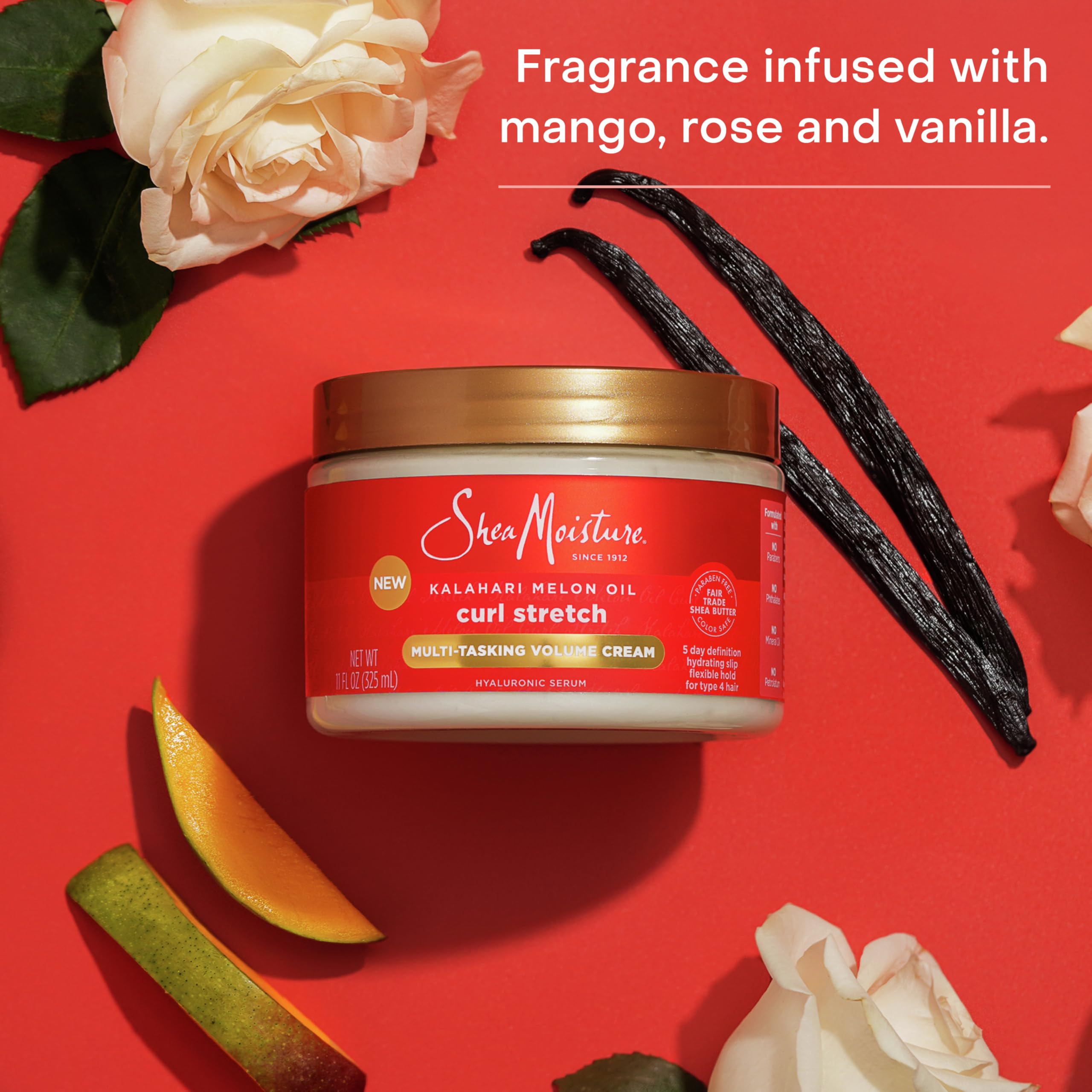 Tropical fragrance notes of mango, rose, vanilla on package label.