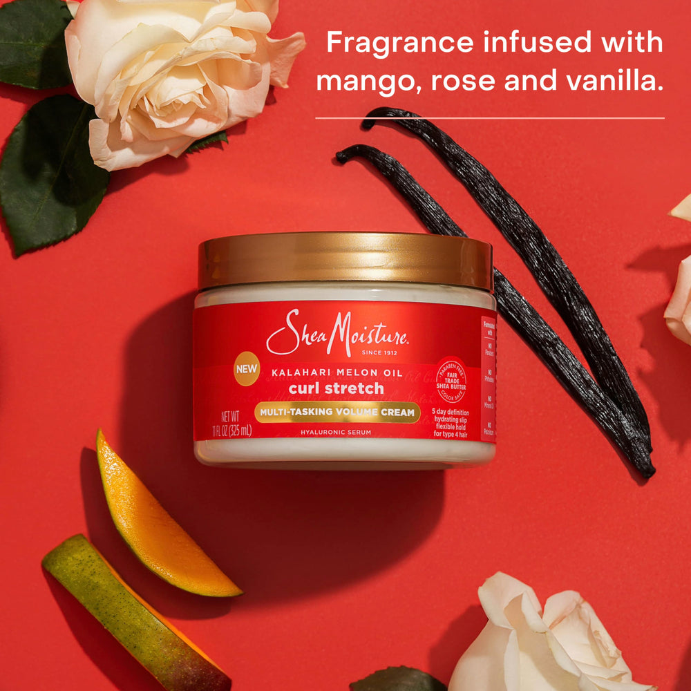 Tropical fragrance notes of mango, rose, vanilla on package label.