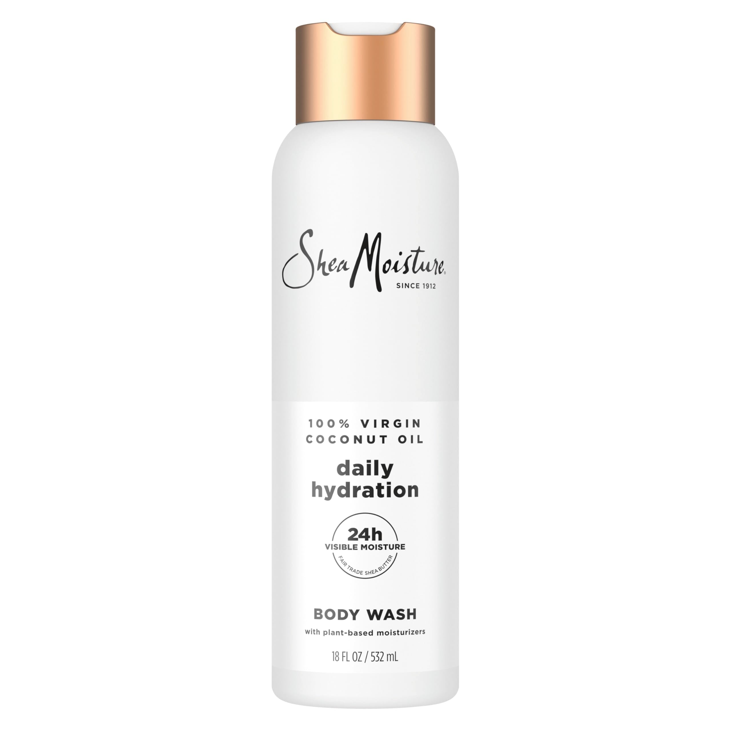 SheaMoisture Virgin Coconut Oil Body Wash bottle highlighting hydrating formula.