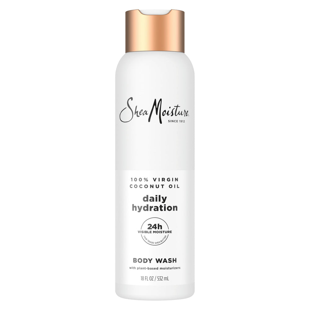 SheaMoisture Virgin Coconut Oil Body Wash bottle highlighting hydrating formula.