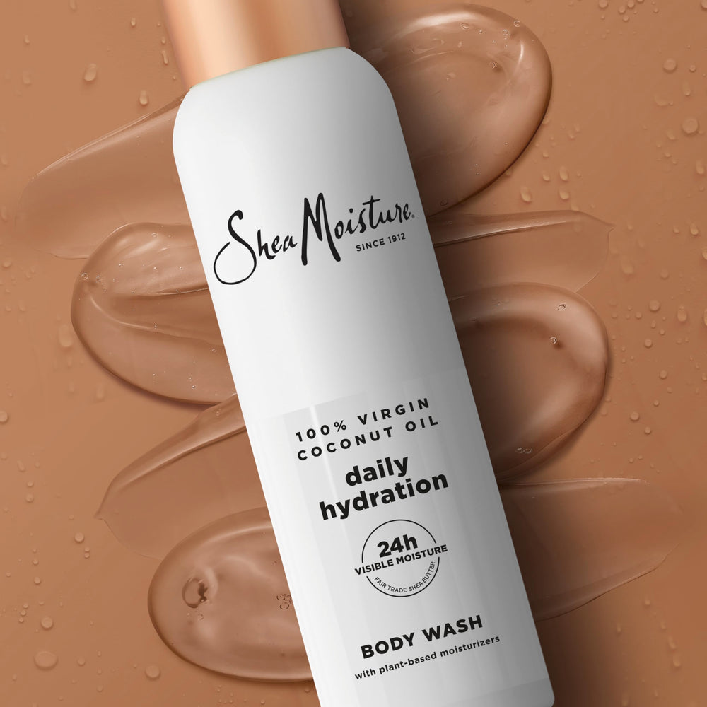 SheaMoisture Virgin Coconut Oil Body Wash coconut milk visible on label.