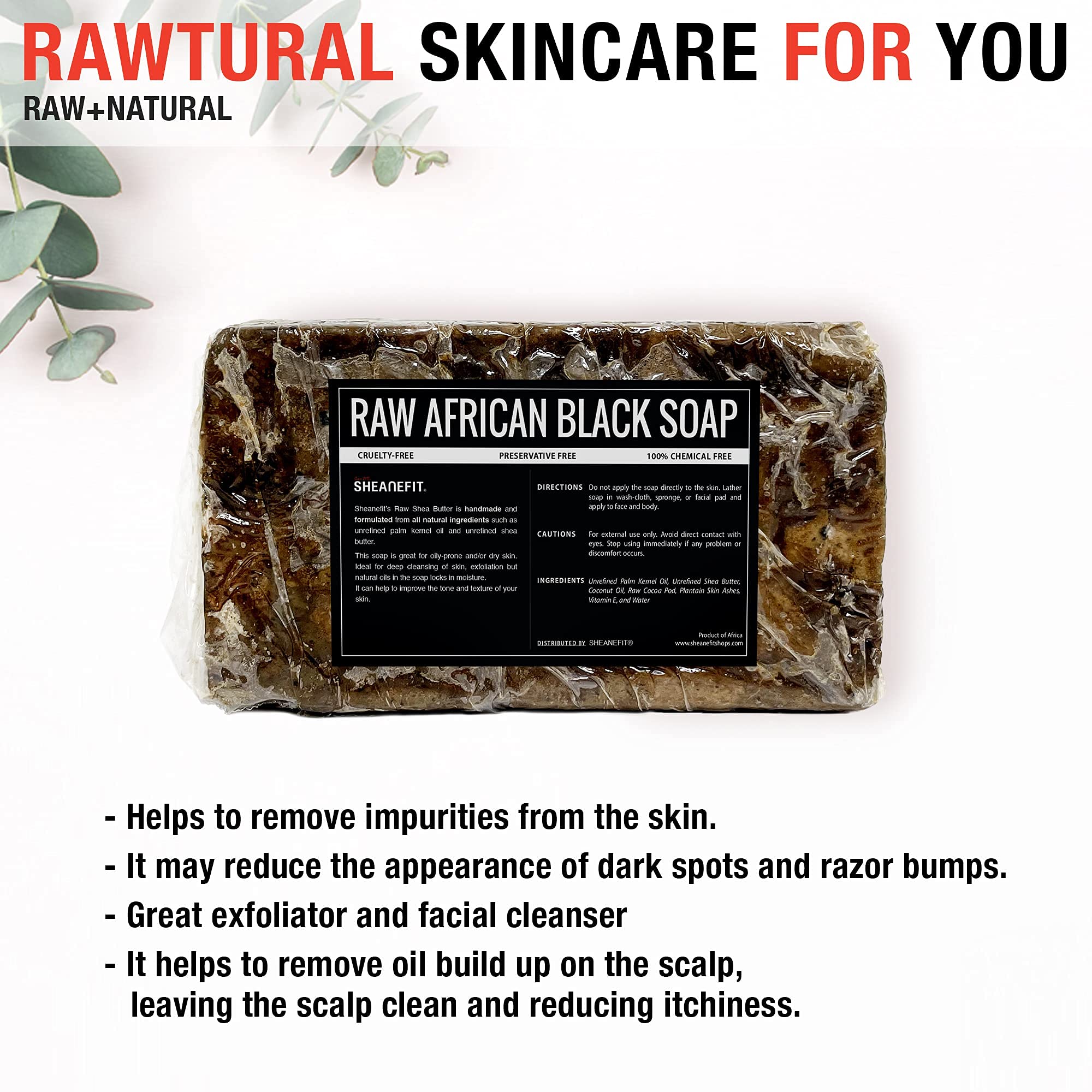 Sheanefit bulk 15 oz packaging of raw African black soap for convenience.