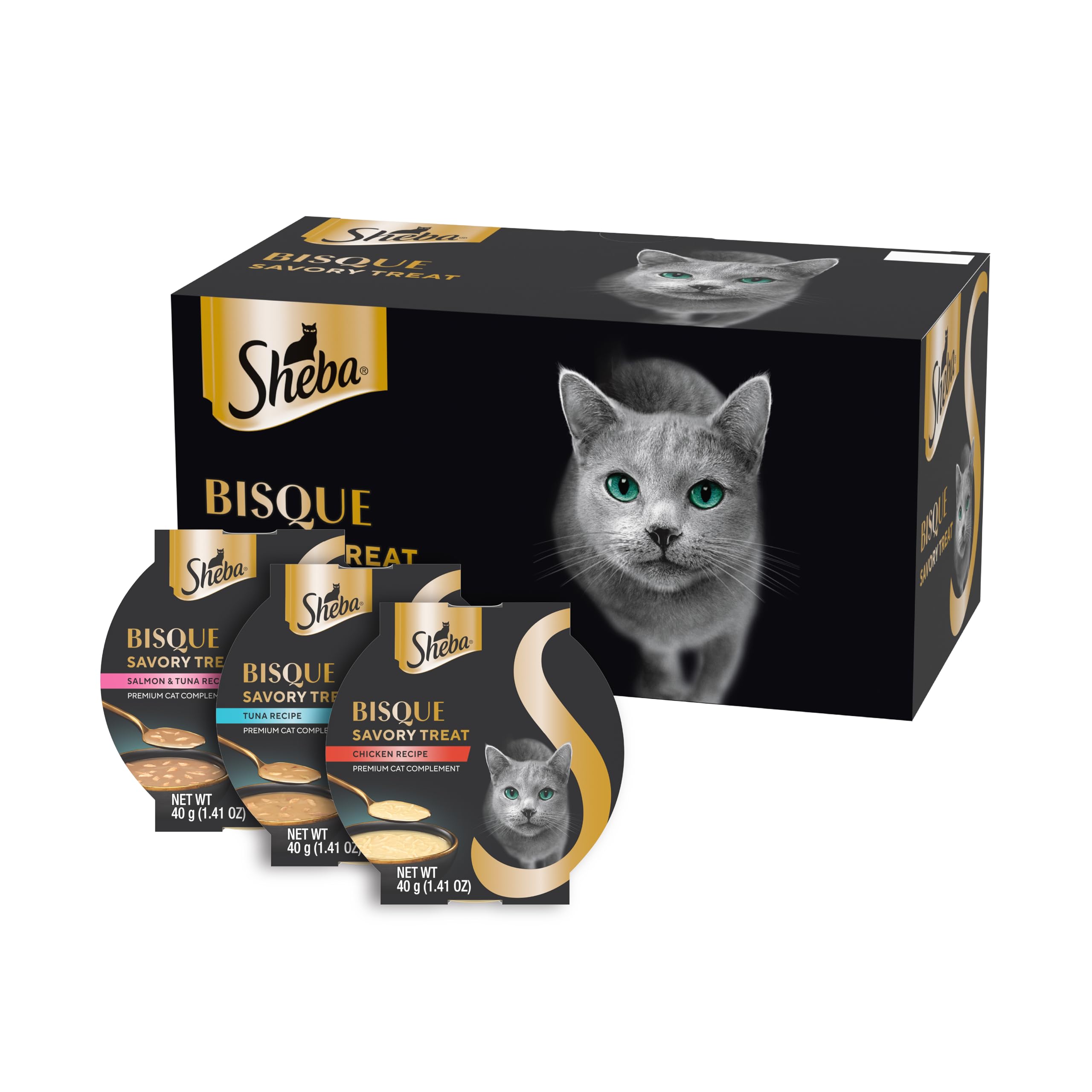 Sheba Bisque lickable chicken chunks in a bowl offer a tasty meal complement.