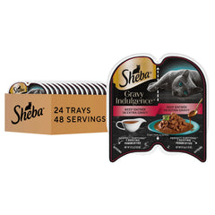 Sheba Gravy Indulgence beef entree 2.6 oz twin-pack trays offer convenient servings for hydration-friendly meals.