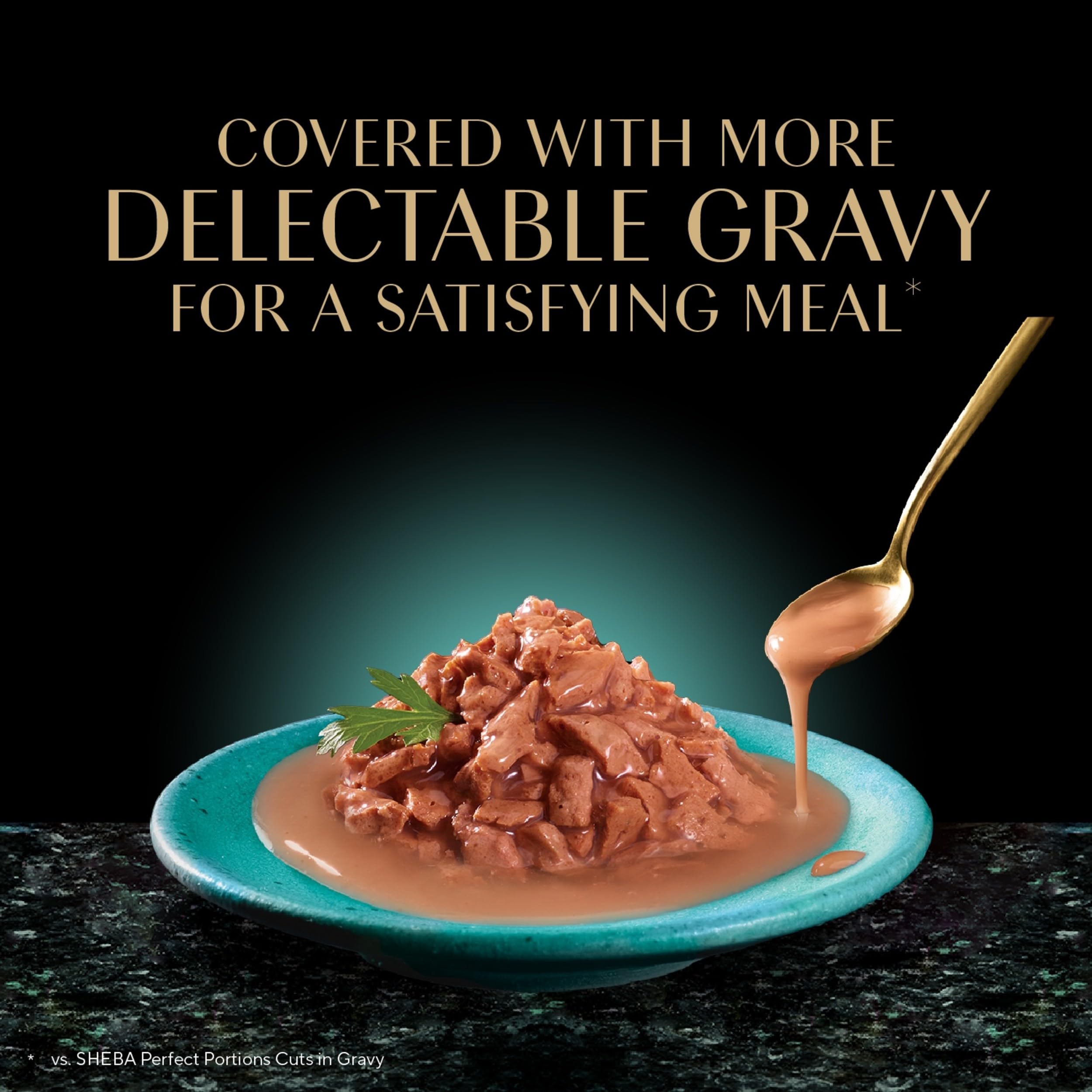 Cat enjoying Sheba Gravy Indulgence Salmon Entree with thick gravy.