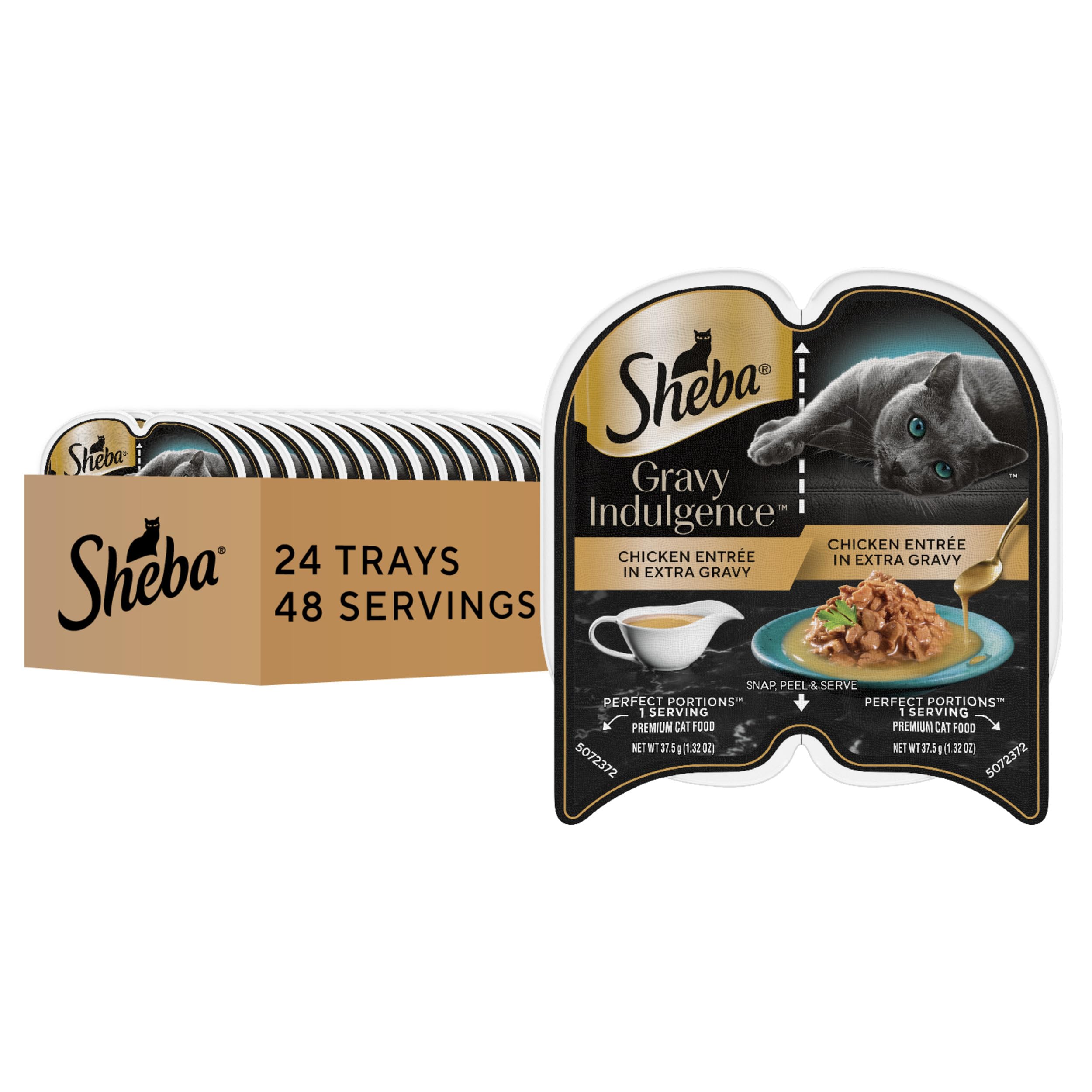 Sheba Gravy Indulgence twin-pack trays shown for easy, mess-free serving.
