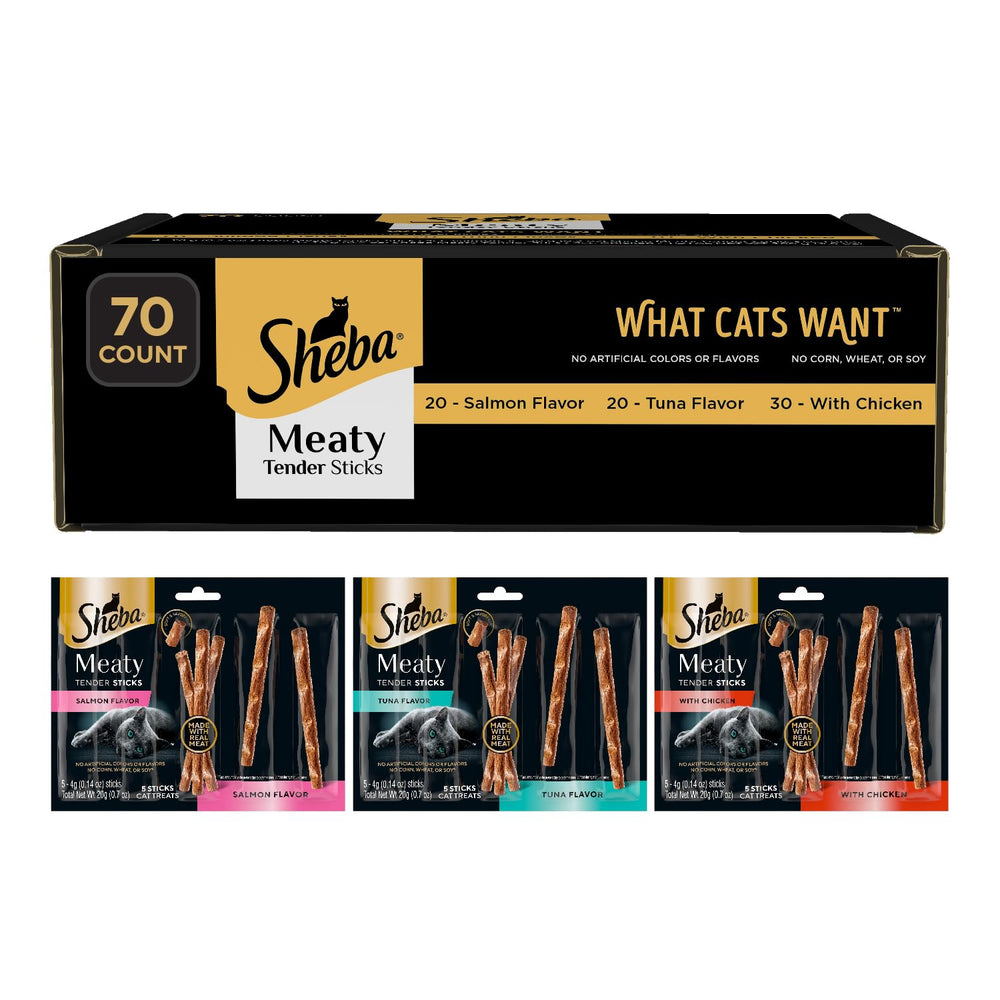 Sheba Meaty Tender Sticks pack front, daily cat treat option