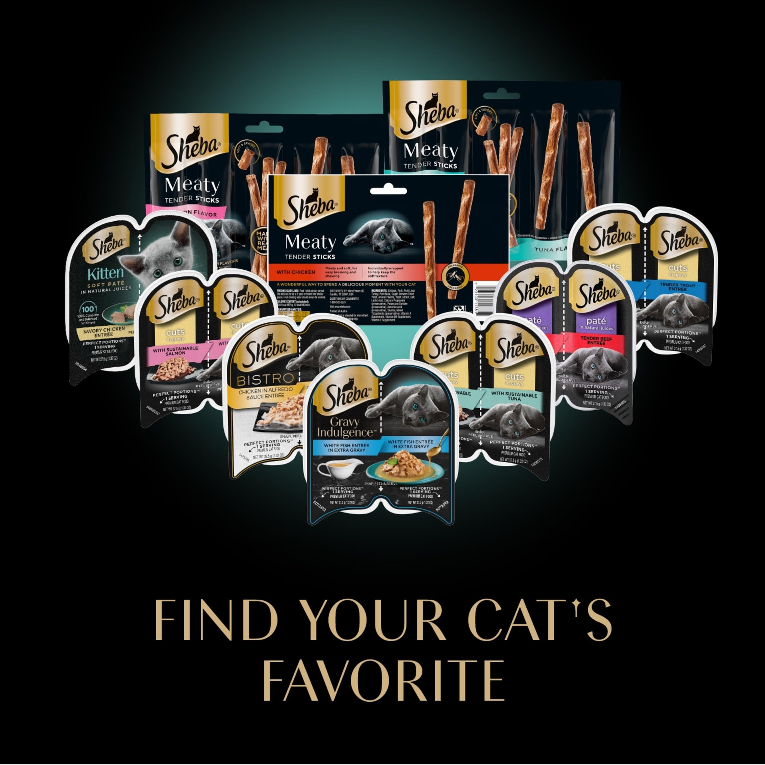 Sheba Meaty Tender Sticks tuna flavor served, cat ready