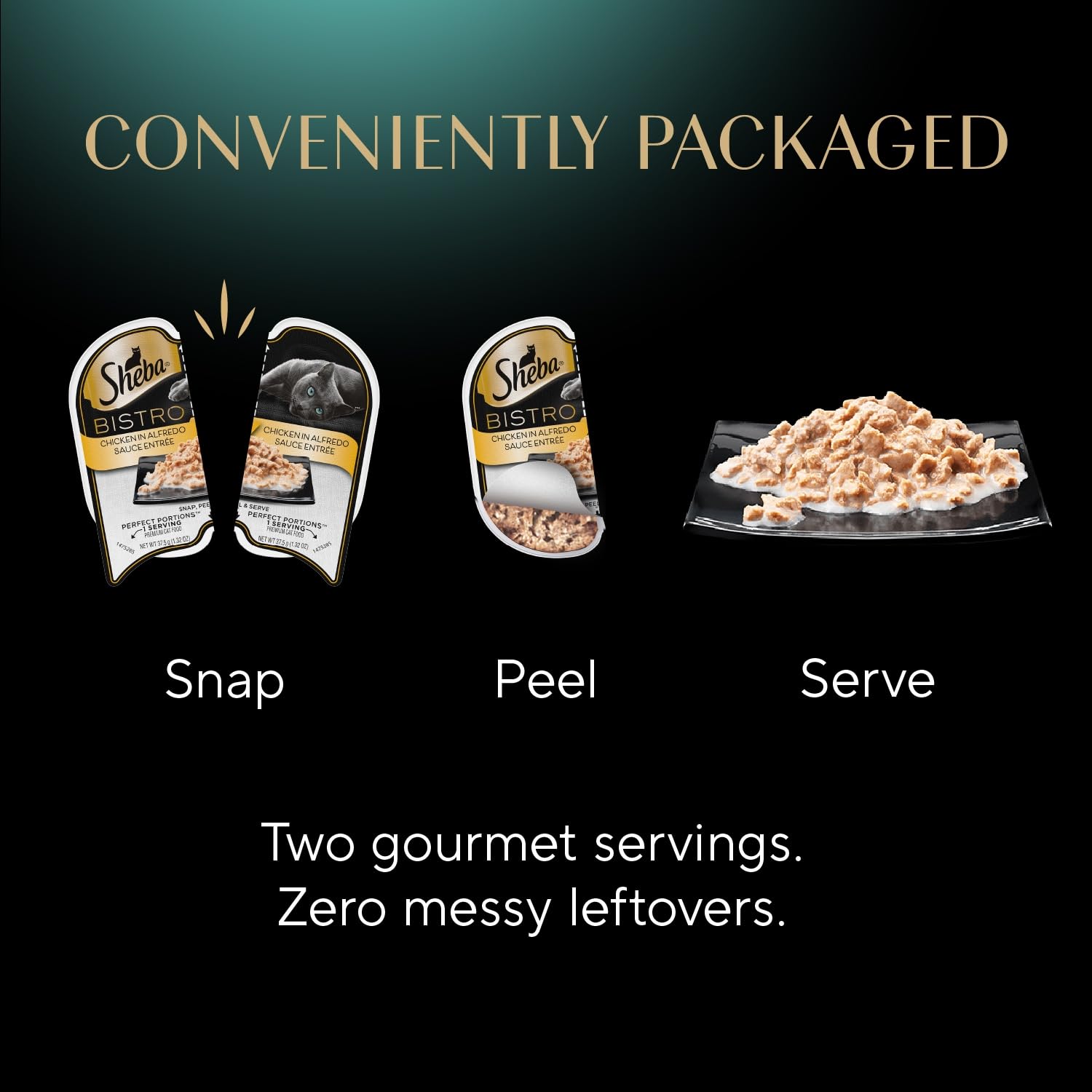 Real meat in Alfredo sauce shown in Sheba Bistro product image.