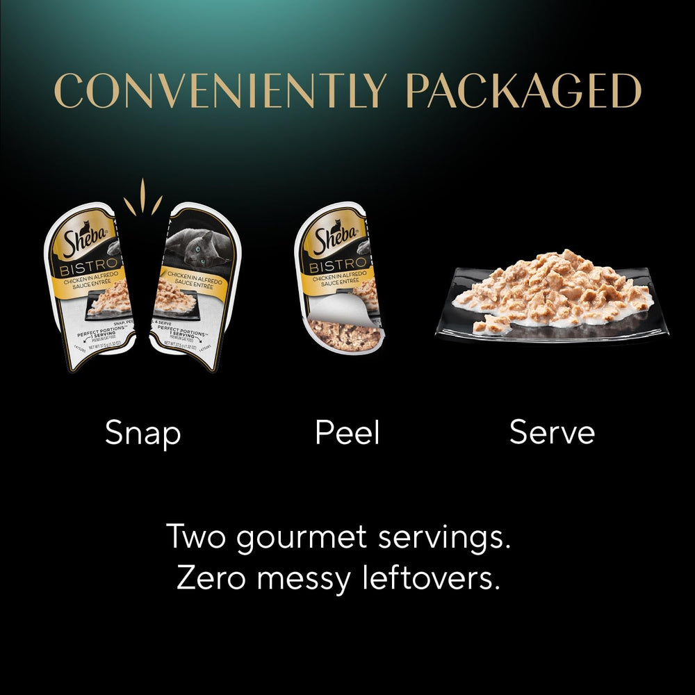 Real meat in Alfredo sauce shown in Sheba Bistro product image.