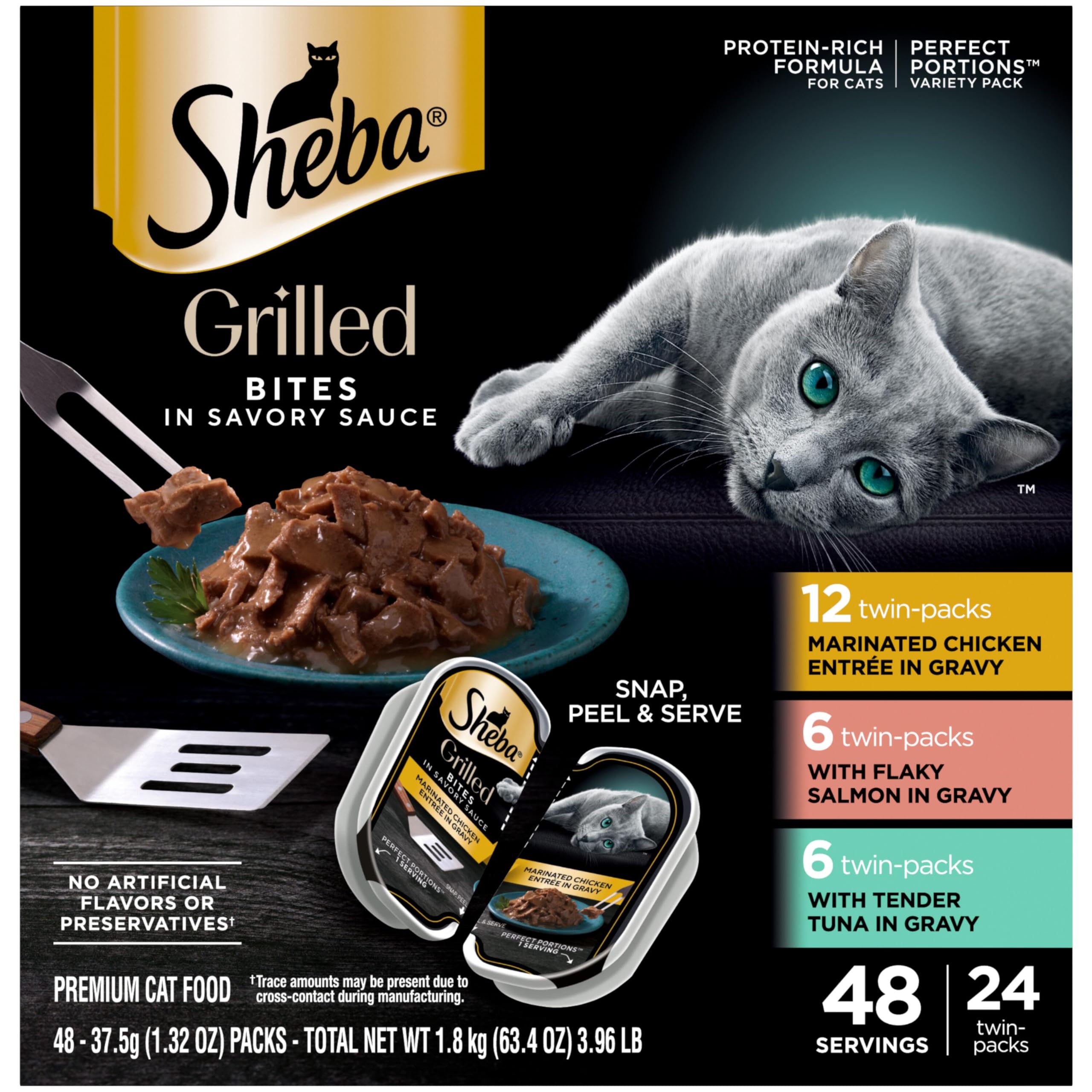 Sheba Perfect Portions grilled chicken in savory sauce twin-pack tray for easy, premium meals.