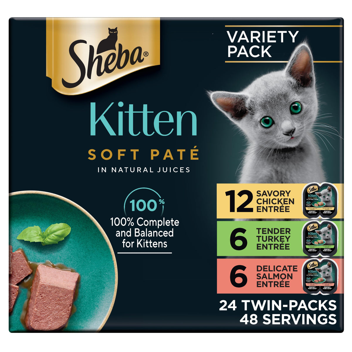 Sheba Perfect Portions kitten pate chicken entree in a tray, protein-rich option for growing kittens