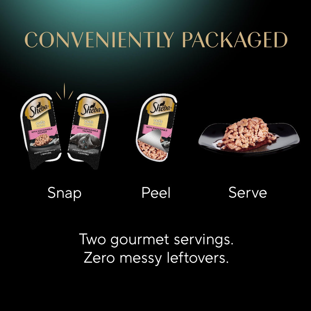 Front packaging of Sheba Perfect Portions shows 2.6 oz trays.