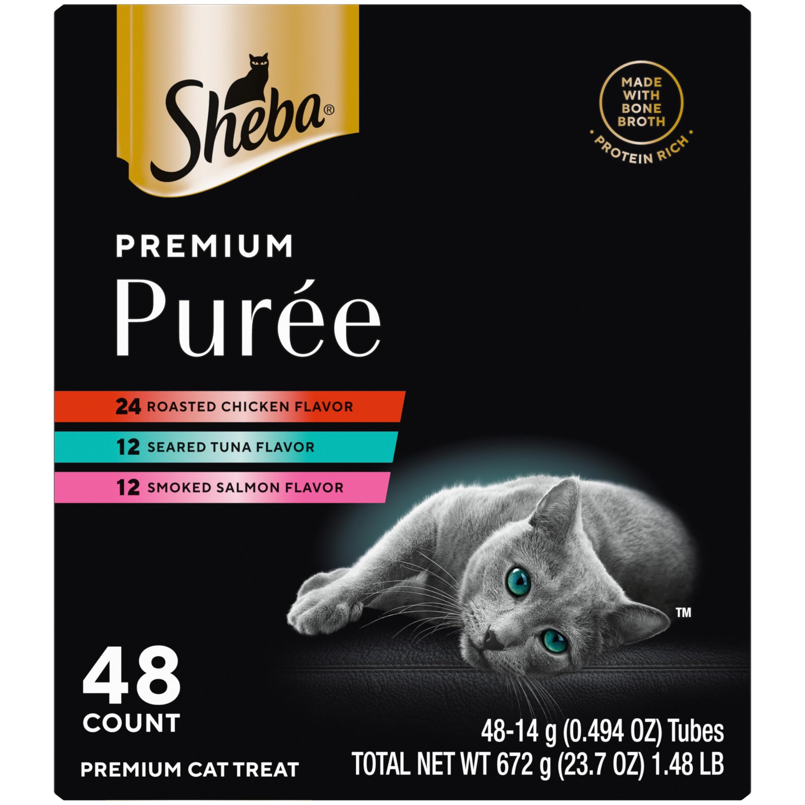 Sheba Premium Puree roasted chicken tube close-up showing real meat texture for cats
