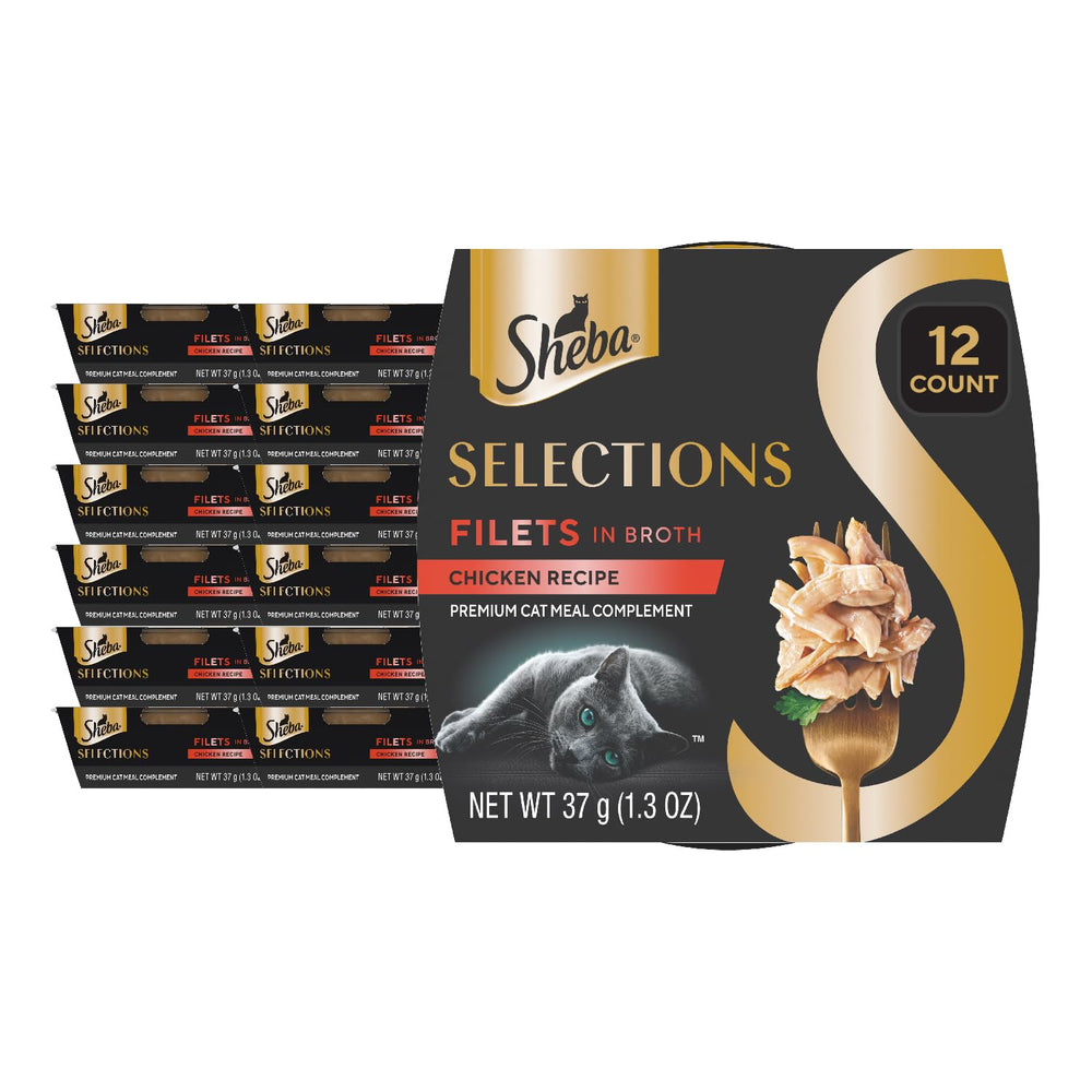 Sheba Selections Filets in Broth chicken and tuna cubes ideal as a meal topper.