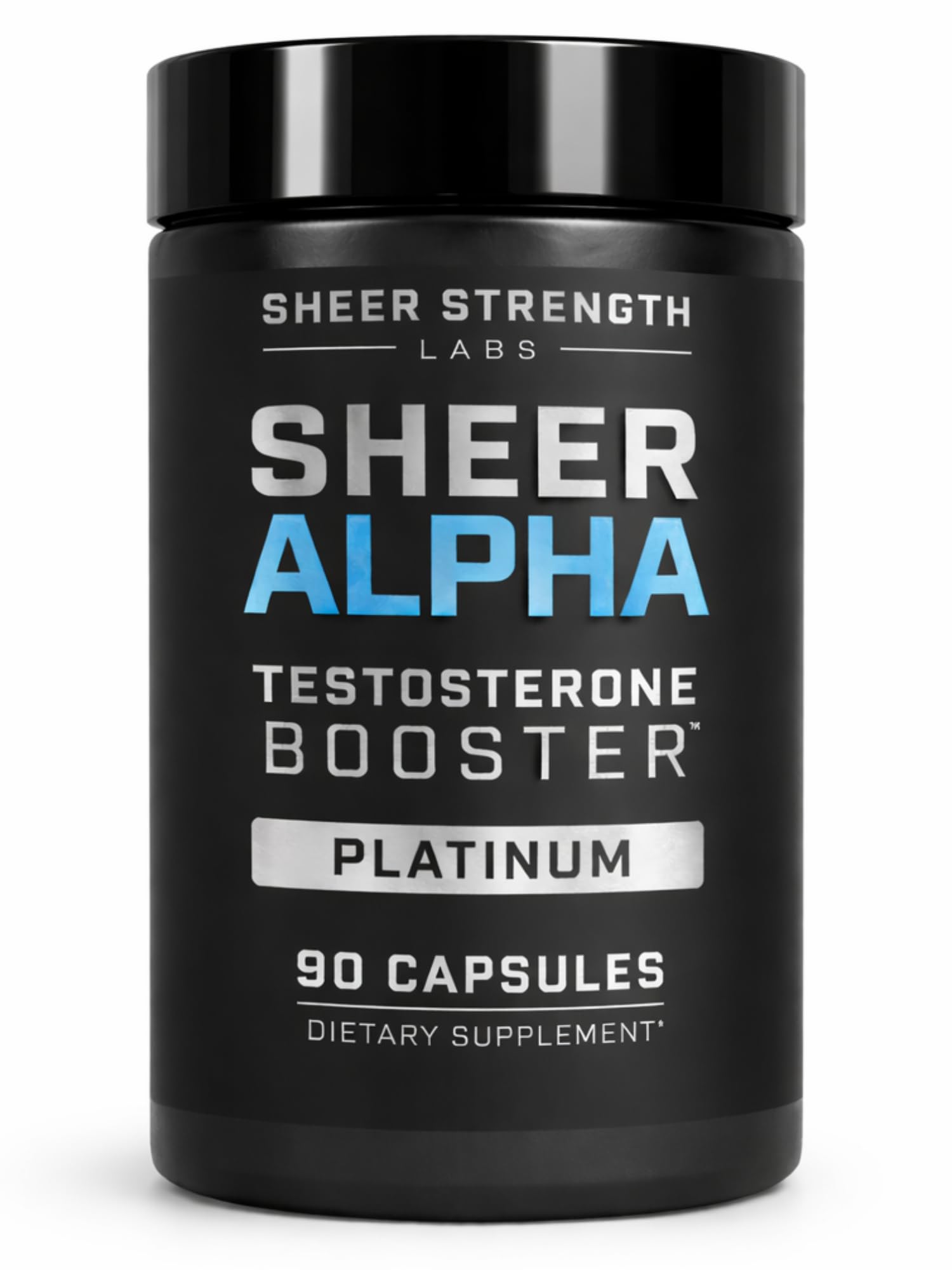 Sheer Alpha T-Booster bottle front shows premium formula for strength and endurance support.