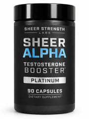 Sheer Alpha T-Booster bottle front shows premium formula for strength and endurance support.
