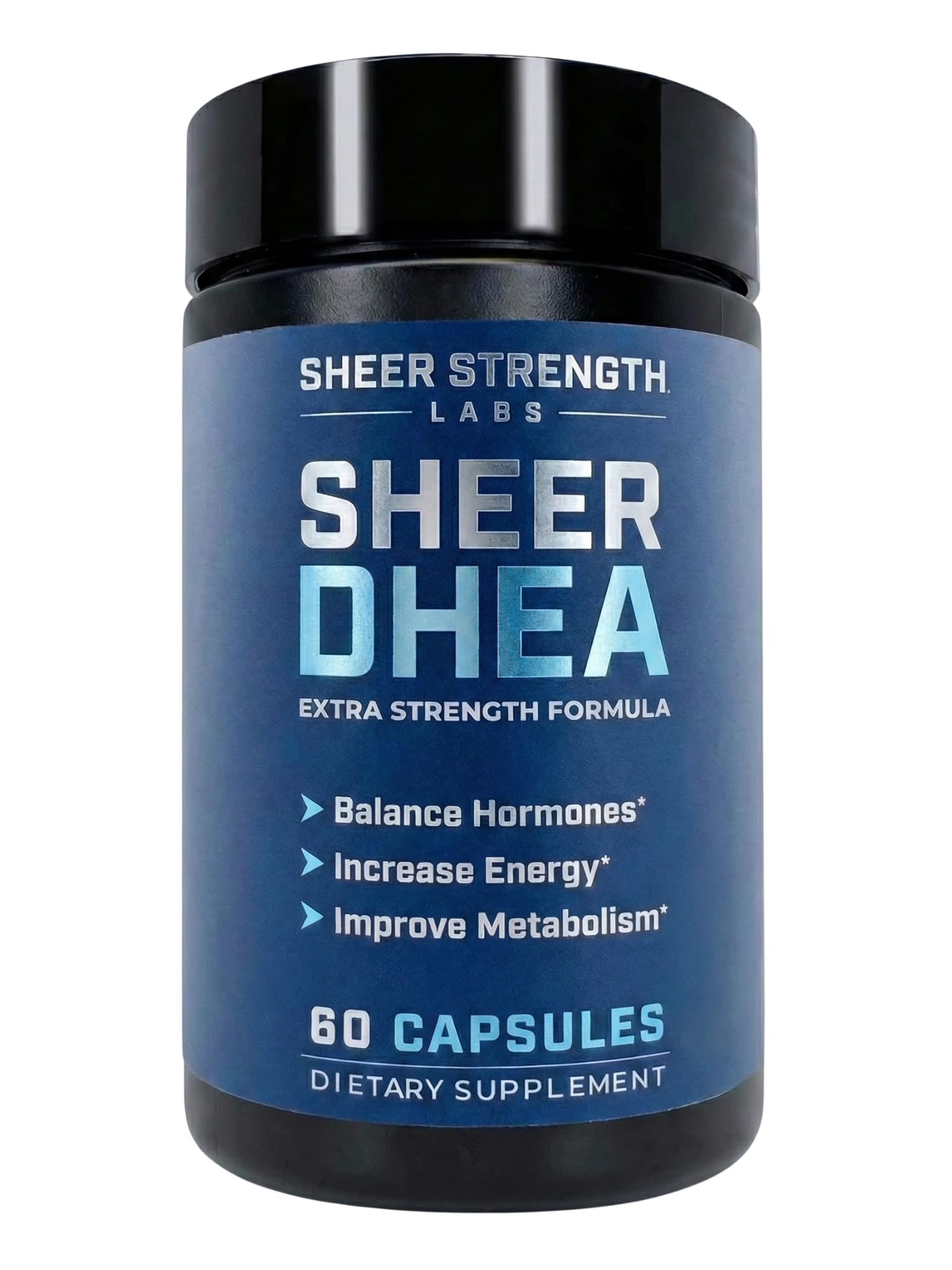 Sheer Strength DHEA 100mg bottle, easy-to-swallow capsules for daily hormone support.