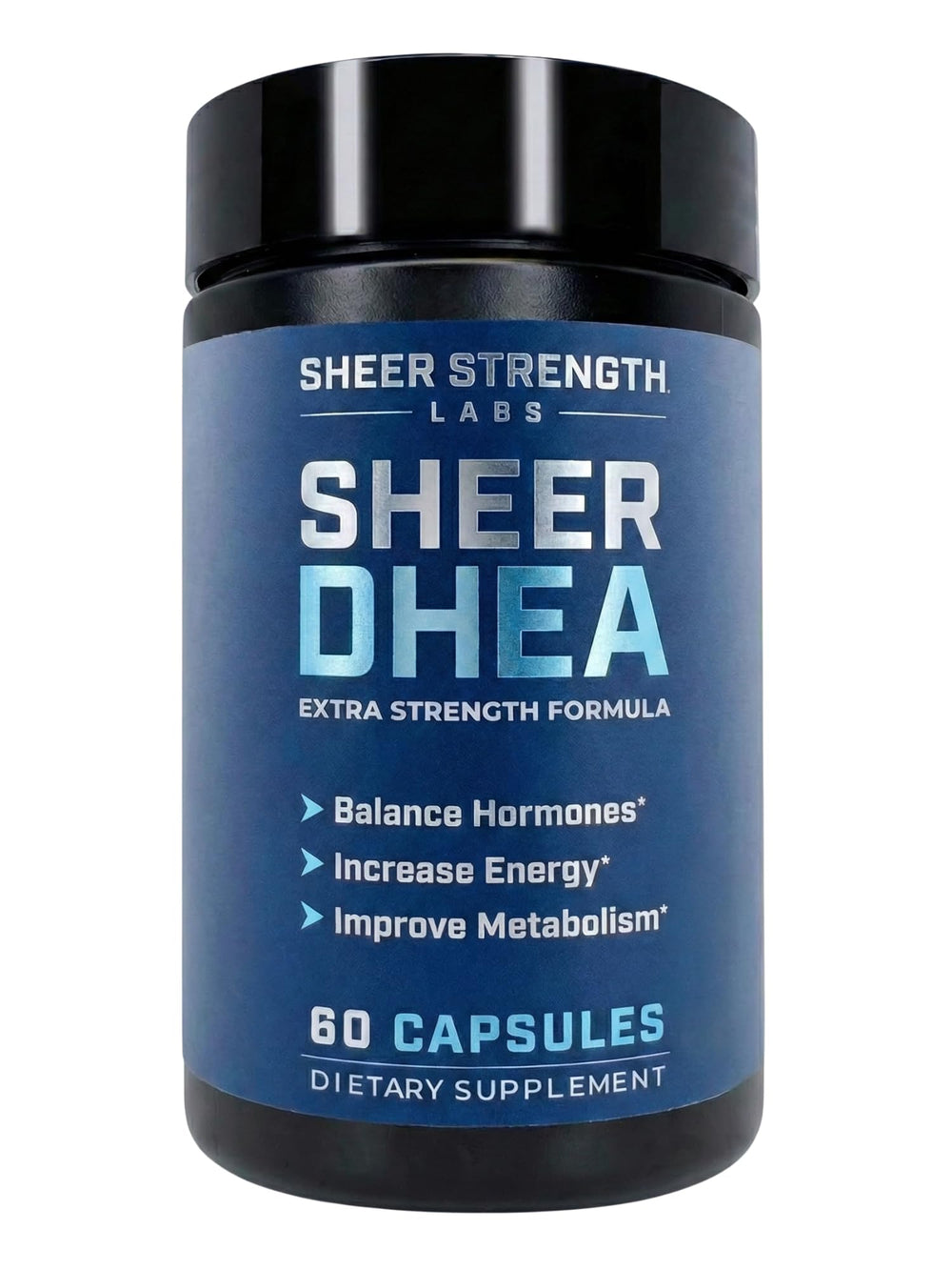 Sheer Strength DHEA 100mg bottle, easy-to-swallow capsules for daily hormone support.