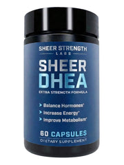 Sheer Strength DHEA 100mg bottle, easy-to-swallow capsules for daily hormone support.