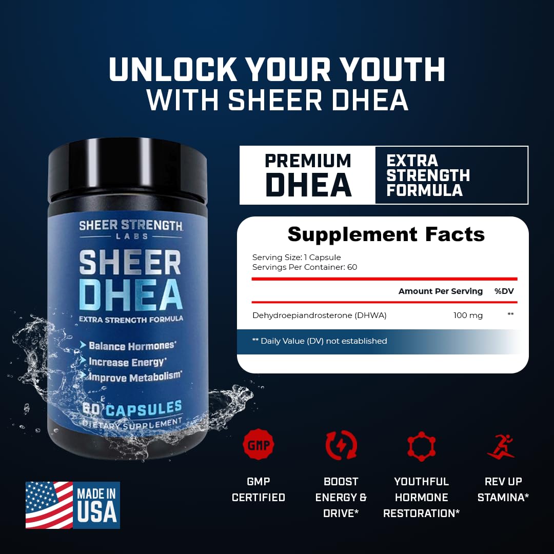 Close-up of Sheer Strength DHEA capsules highlighting high-purity formulation for muscle and energy goals.