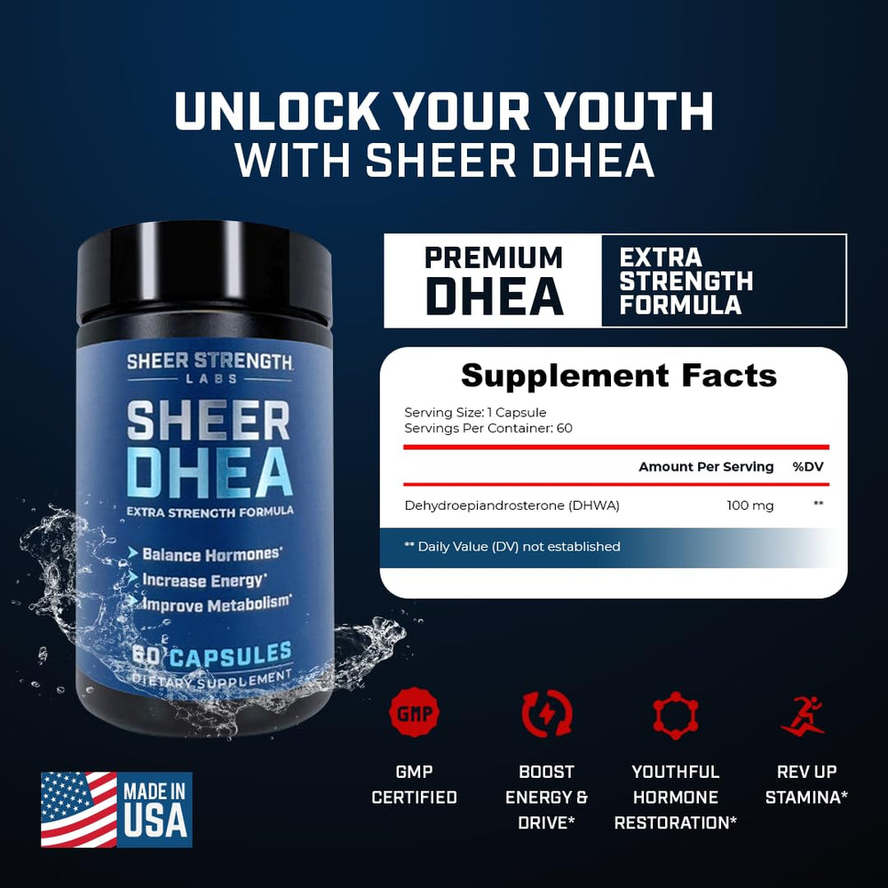 Close-up of Sheer Strength DHEA capsules highlighting high-purity formulation for muscle and energy goals.