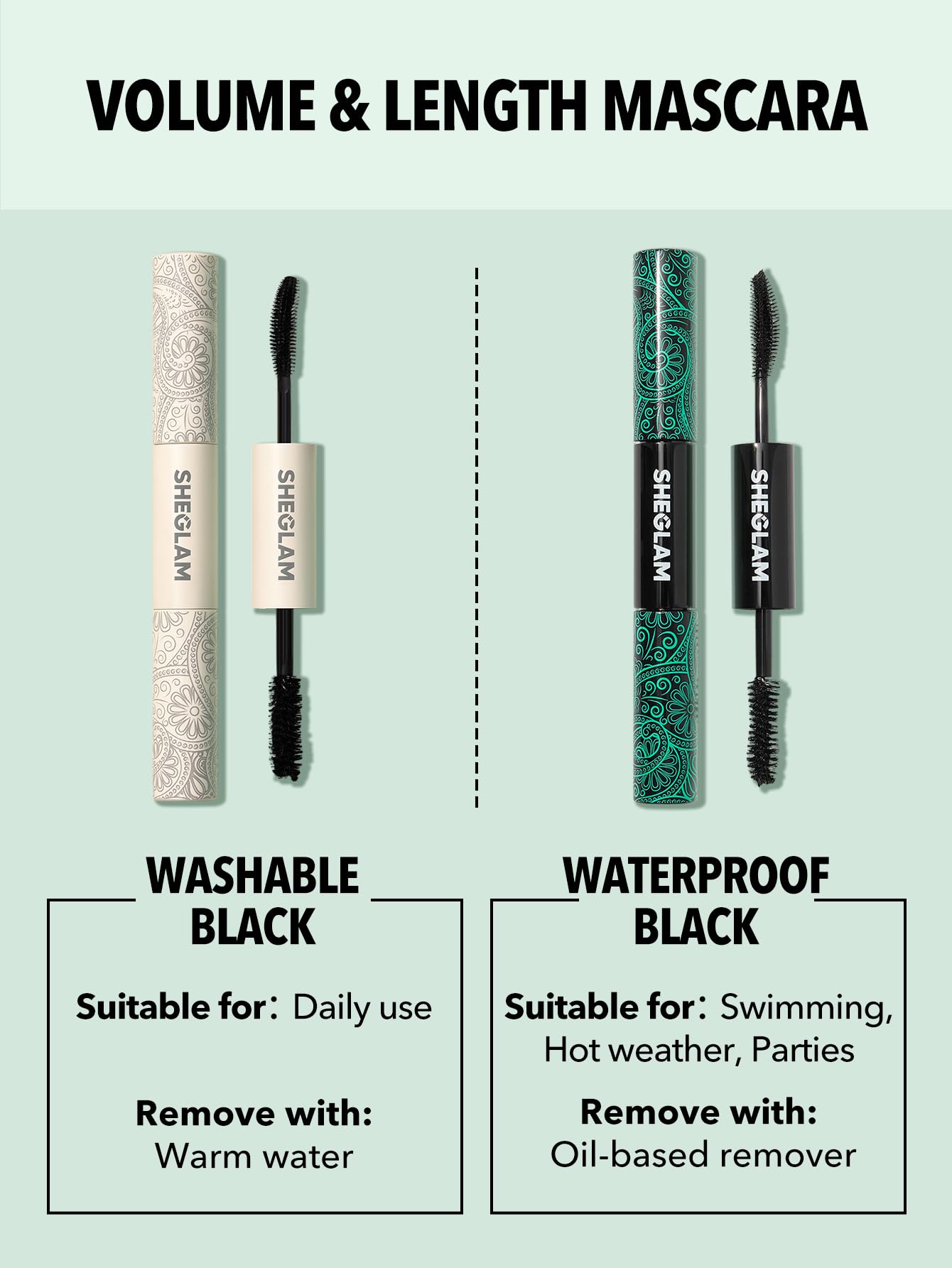 SHEGLAM dual-ended mascara simplifies routine with lengthening and volumizing in one step.