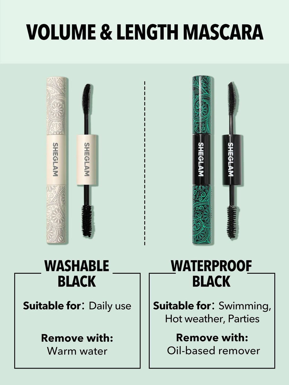 SHEGLAM dual-ended mascara simplifies routine with lengthening and volumizing in one step.