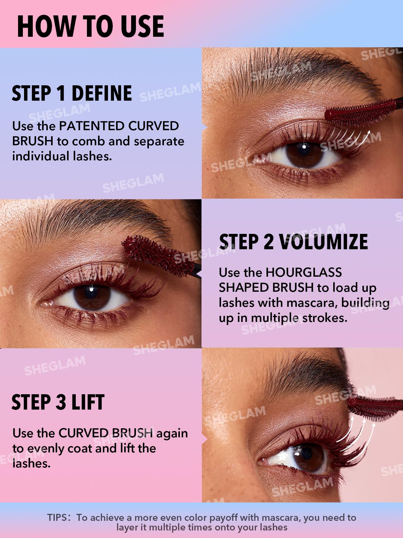 SHEGLAM waterproof mascara bottle in burgundy ideal for all-day wear and humidity.