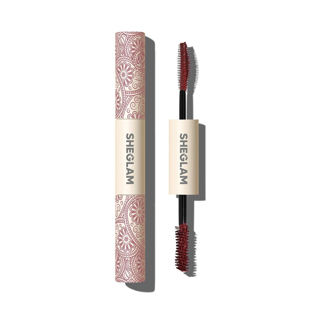 SHEGLAM All-In-One mascara burgundy bottle delivers bold color payoff for dramatic lashes.
