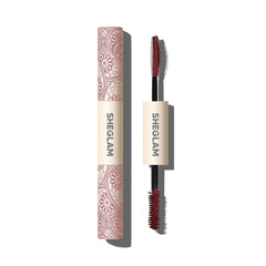 SHEGLAM All-In-One mascara burgundy bottle delivers bold color payoff for dramatic lashes.