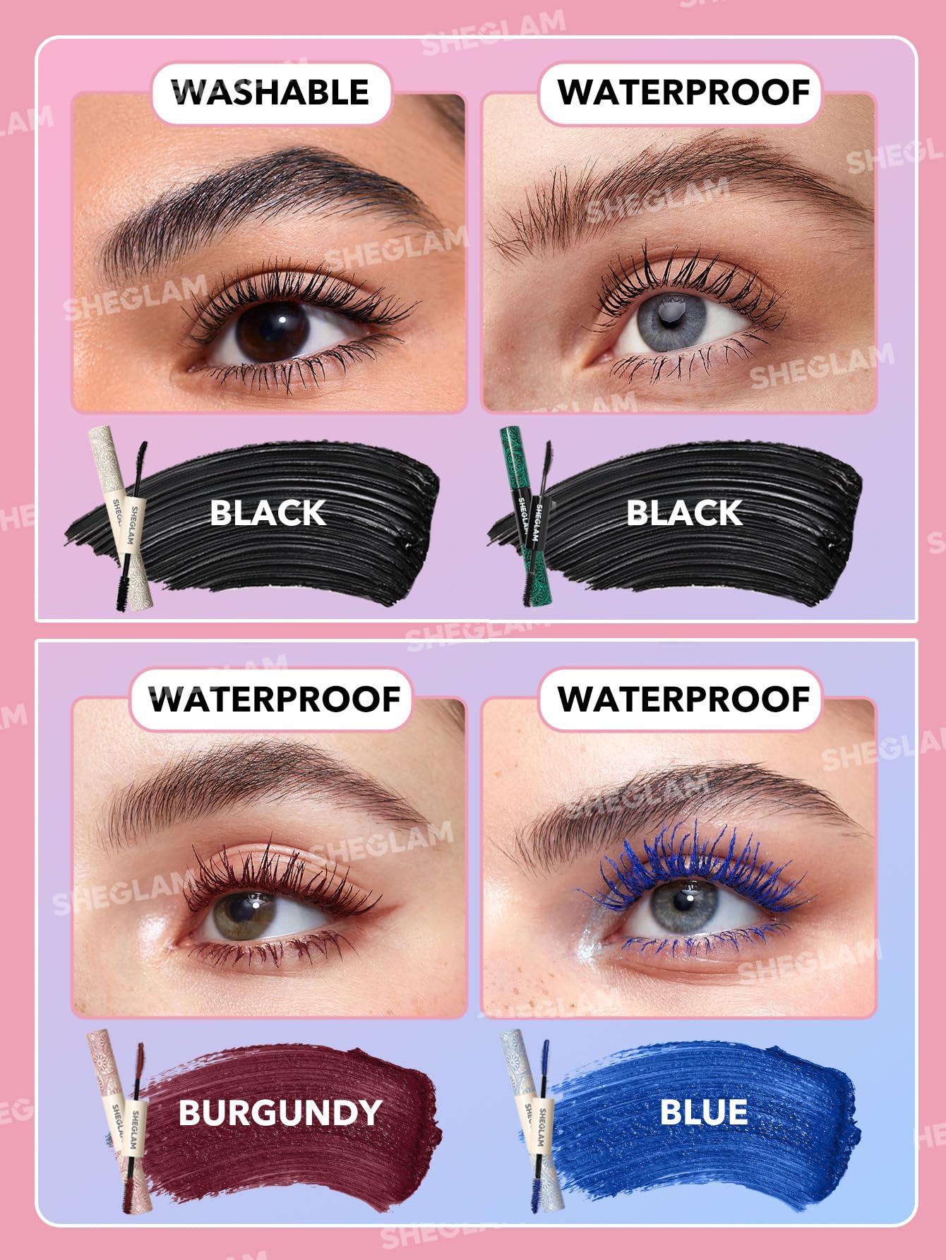SHEGLAM mascara application image shows dramatic volume and length for glamorous looks.