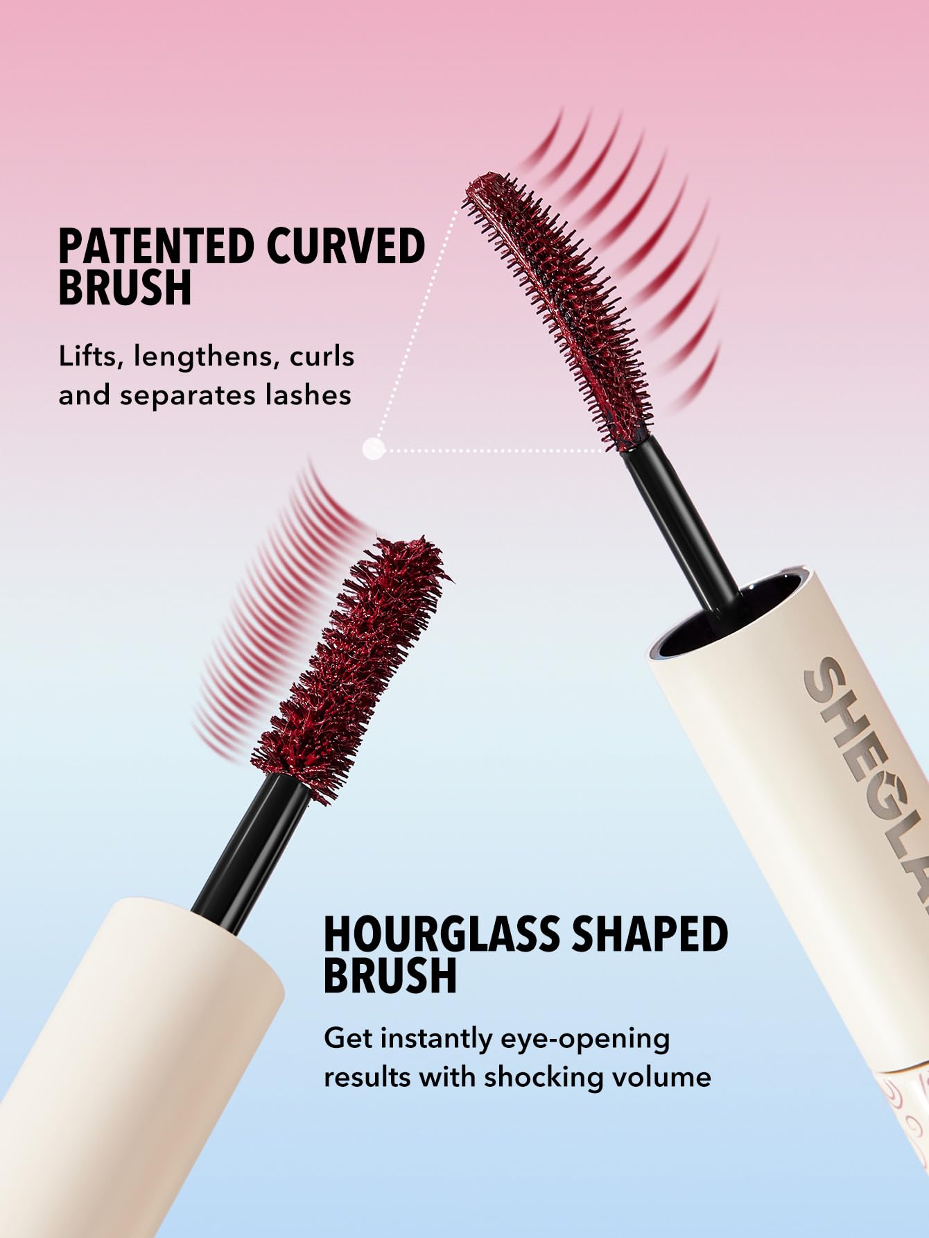 SHEGLAM All-In-One mascara on eye shot demonstrates layerable color payoff.