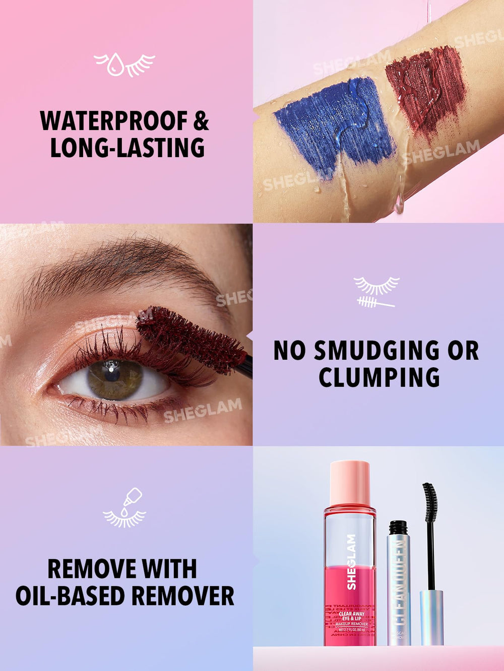 SHEGLAM burgundy mascara packaging showcases cruelty-free branding and premium feel.
