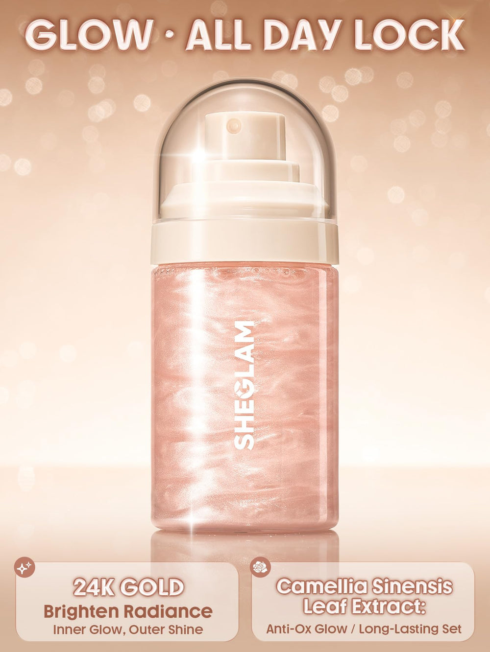 SHEGLAM Light Me Up fine mist delivering even, dewy finish.