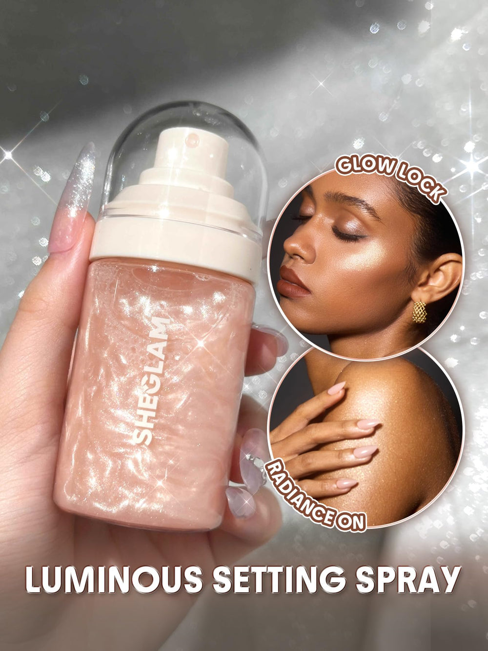 SHEGLAM Light Me Up pearlescent particles create luminous radiance.