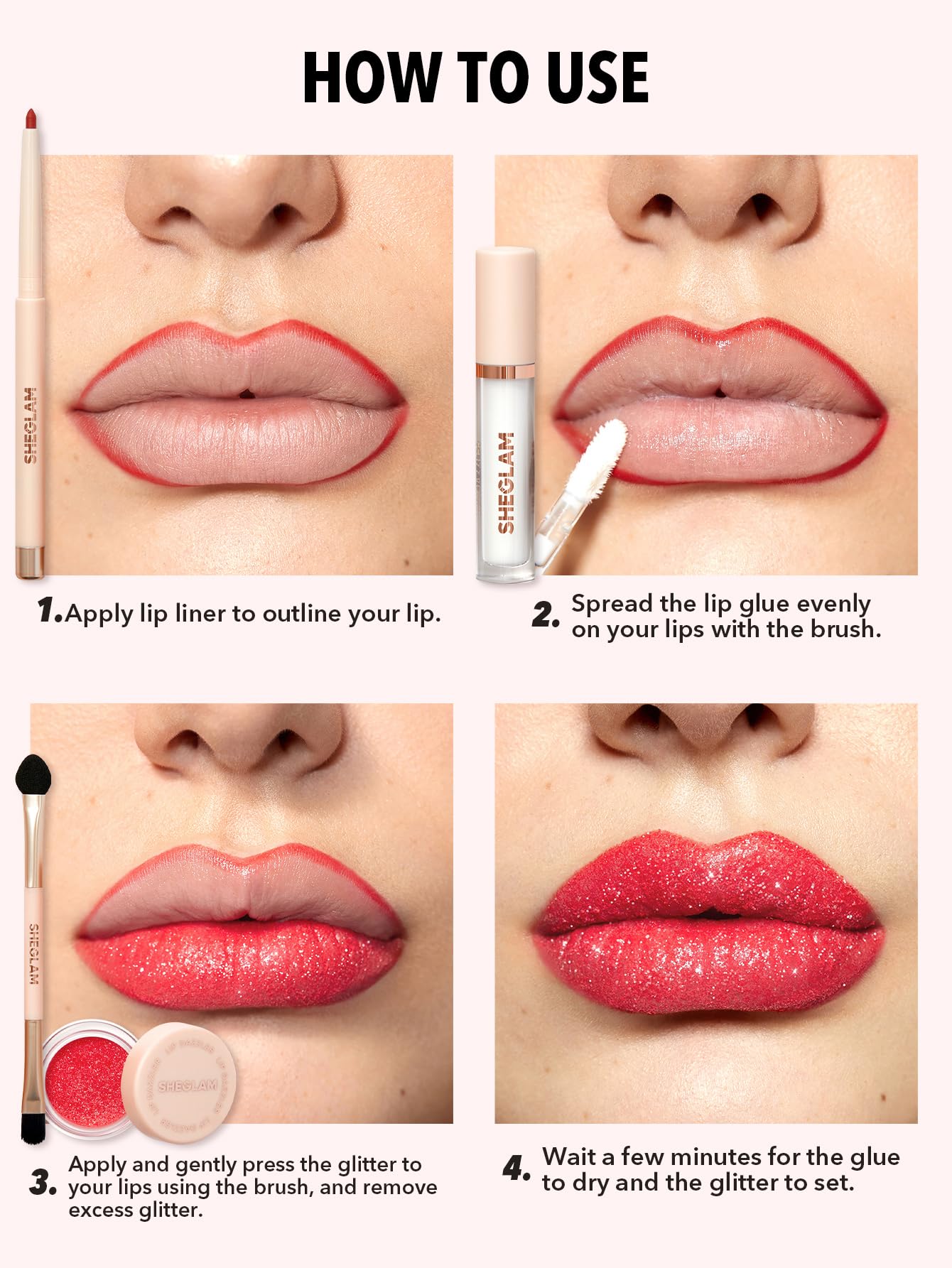 SHEGLAM Lip Dazzler Kit brush applicator enables precise glitter application.