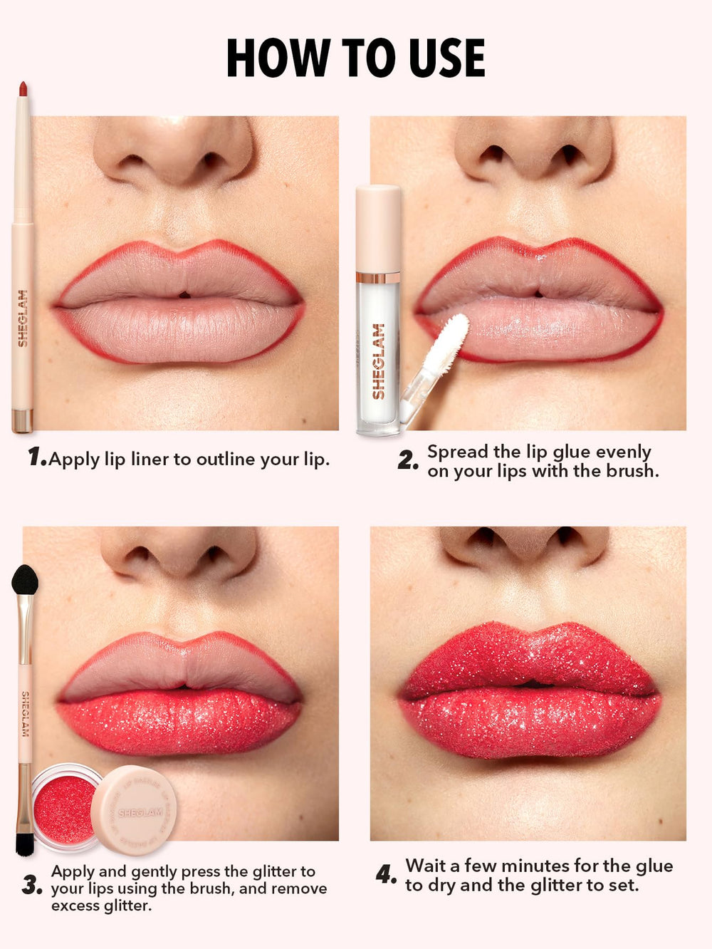 SHEGLAM Lip Dazzler Kit brush applicator enables precise glitter application.
